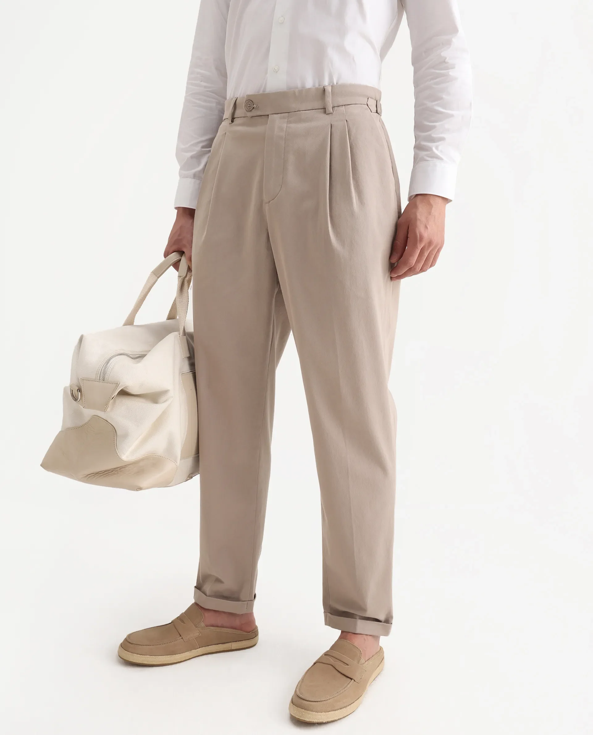 Rare Rabbit Men's Leni Dark Beige Cotton Blend Plain Regular Fit Trouser - Image 2