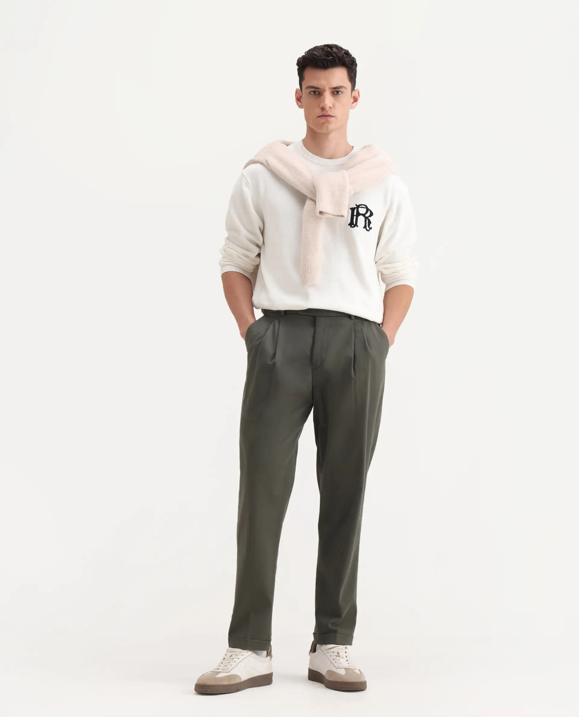 Rare Rabbit Men's Leni Olive Cotton Blend Plain Baggy Fit Trouser