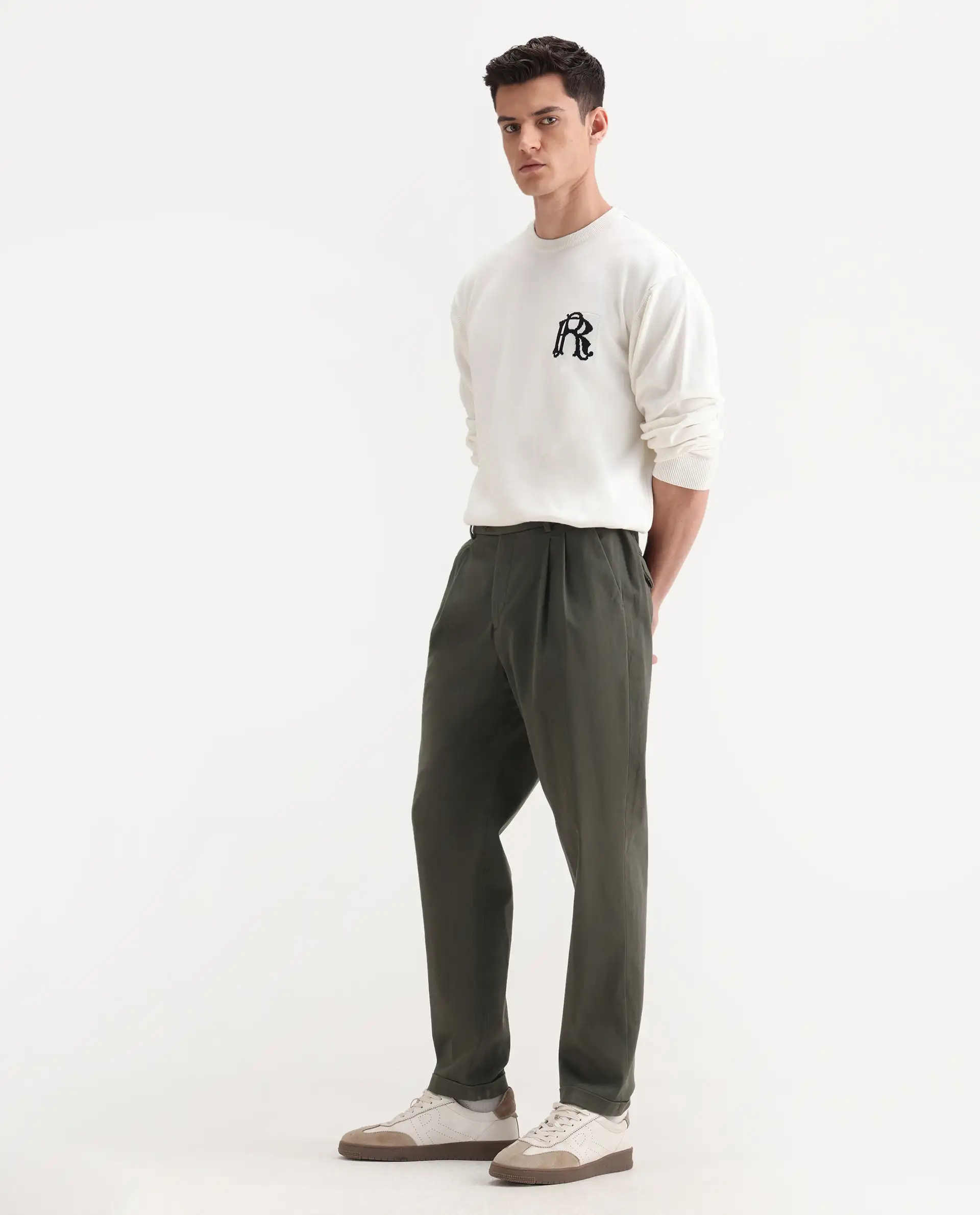 Rare Rabbit Men's Leni Olive Cotton Blend Plain Baggy Fit Trouser - Image 5