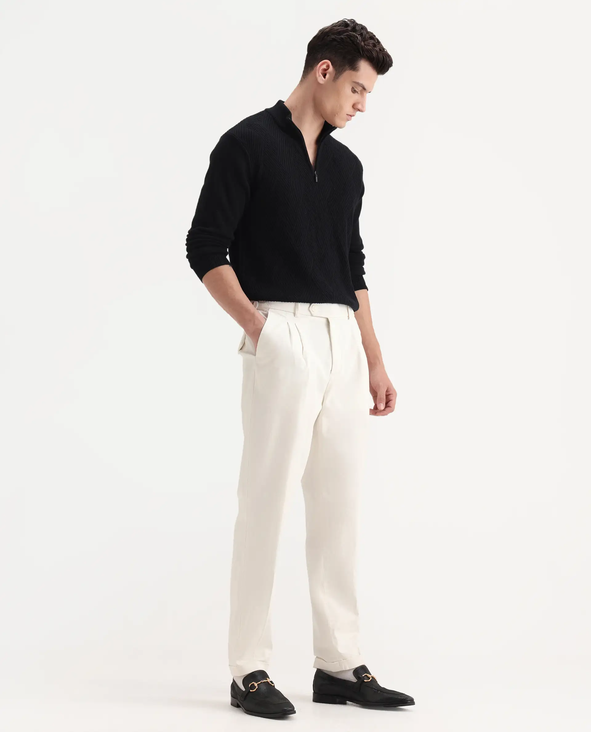 Rare Rabbit Men's Leni White Cotton Blend Plain Baggy Fit Trouser - Image 6