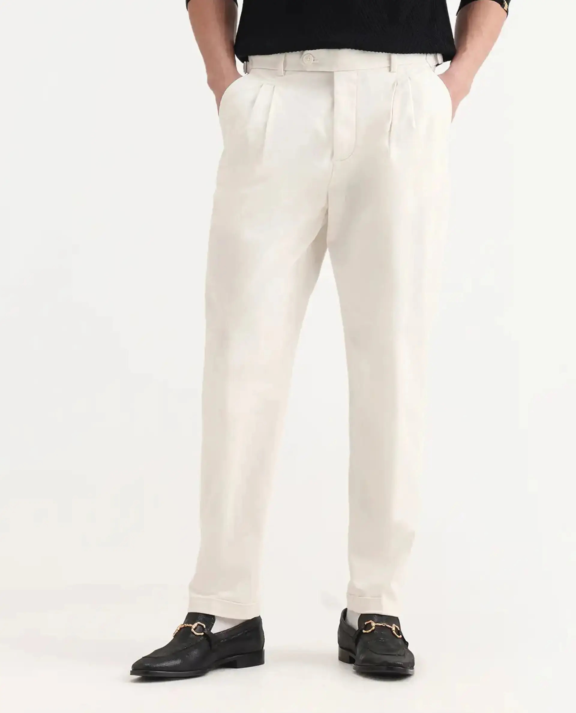 Rare Rabbit Men's Leni White Cotton Blend Plain Baggy Fit Trouser - Image 9