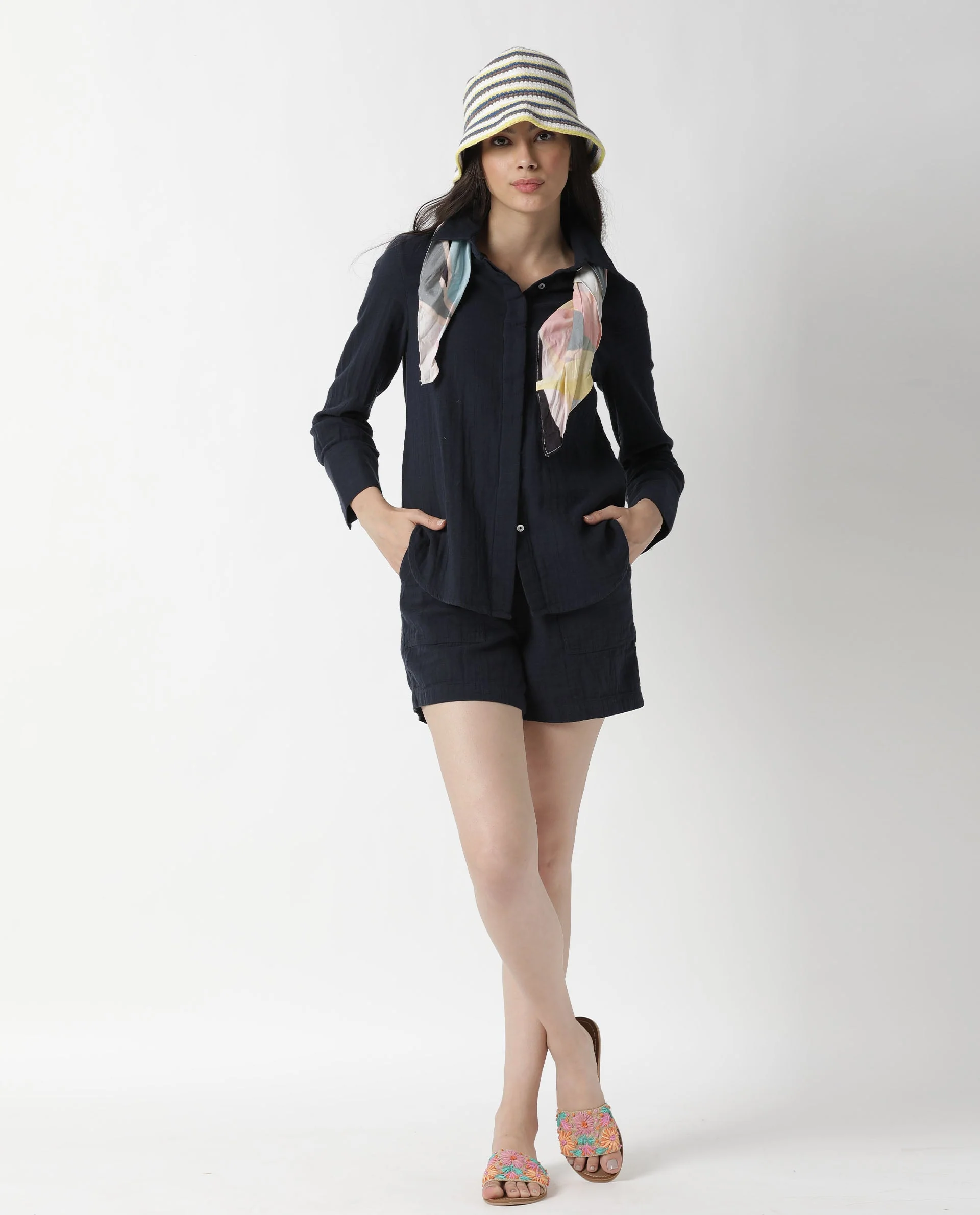 Rareism Women's Leno Navy Cotton Plain Mini Regular Fit Shorts - Image 8
