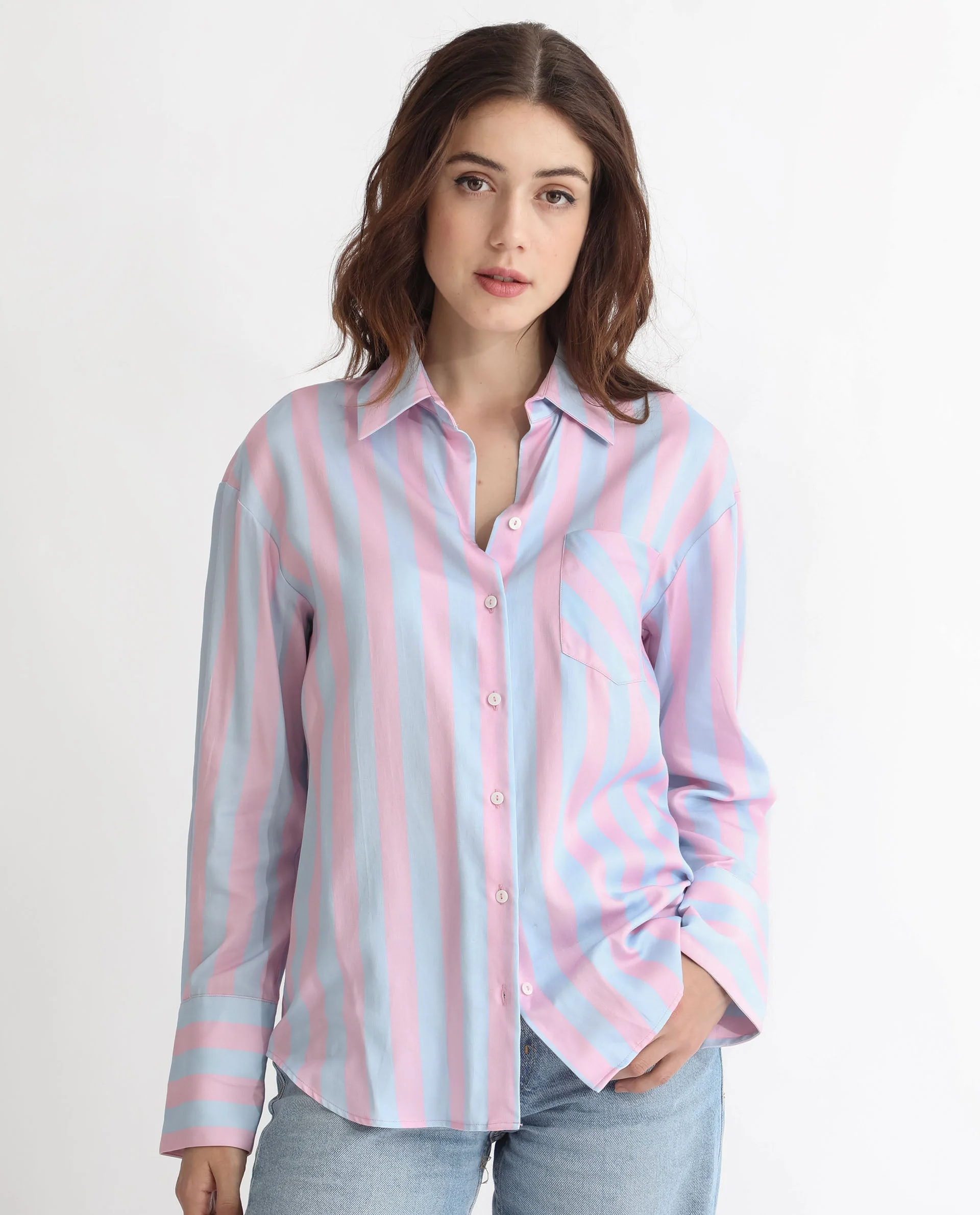 Rareism Women's Lenona Pastel Blue Cotton Spread Collar Striped Slim Fit Shirt