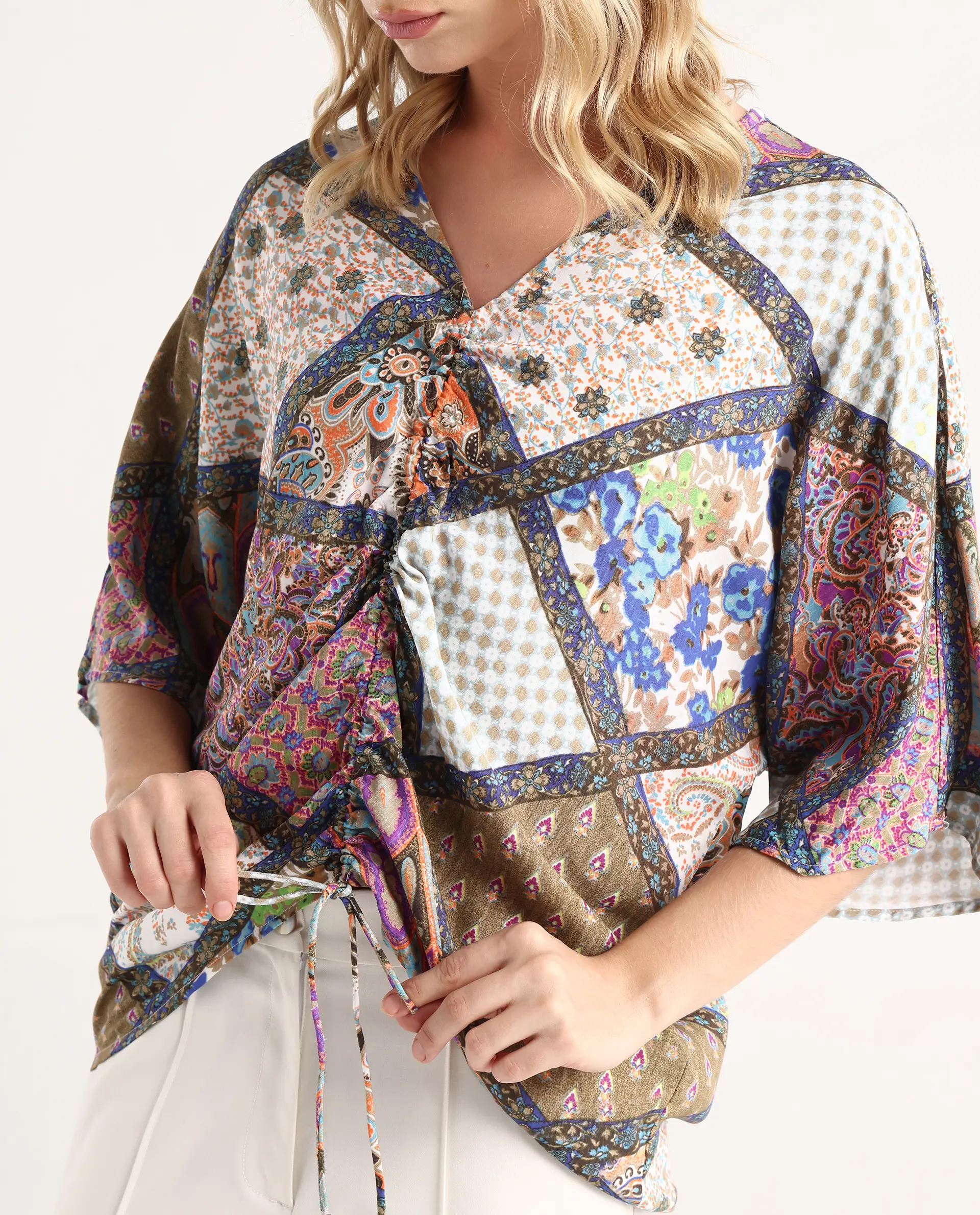 Rareism Women's Leoda Multi Viscose V-Neck Abstract Print Flared Sleeve Relaxed Fit Top