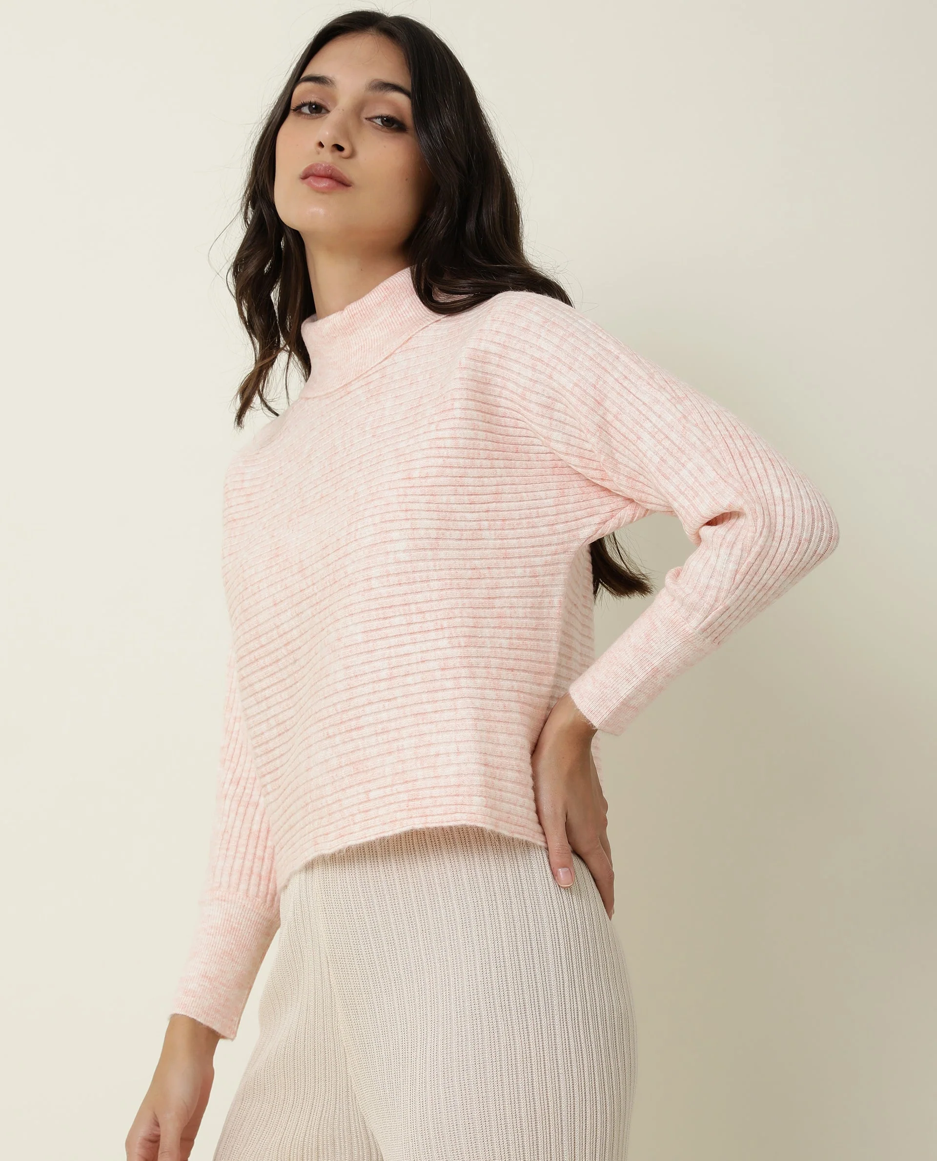 Rareism Women's Levour Pink Acrylic Turtle Neck Plain Relaxed Fit Sweater