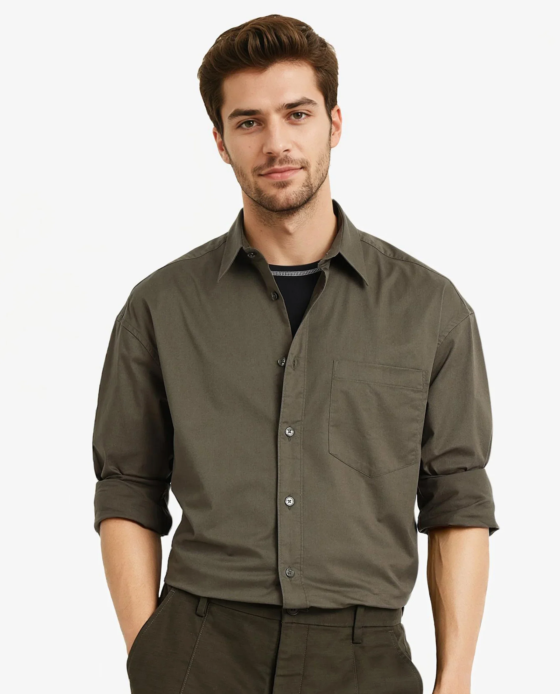 Rare Rabbit Men's Lewi Olive Cotton Plain Boxy Fit Full Sleeve Collared Shirt