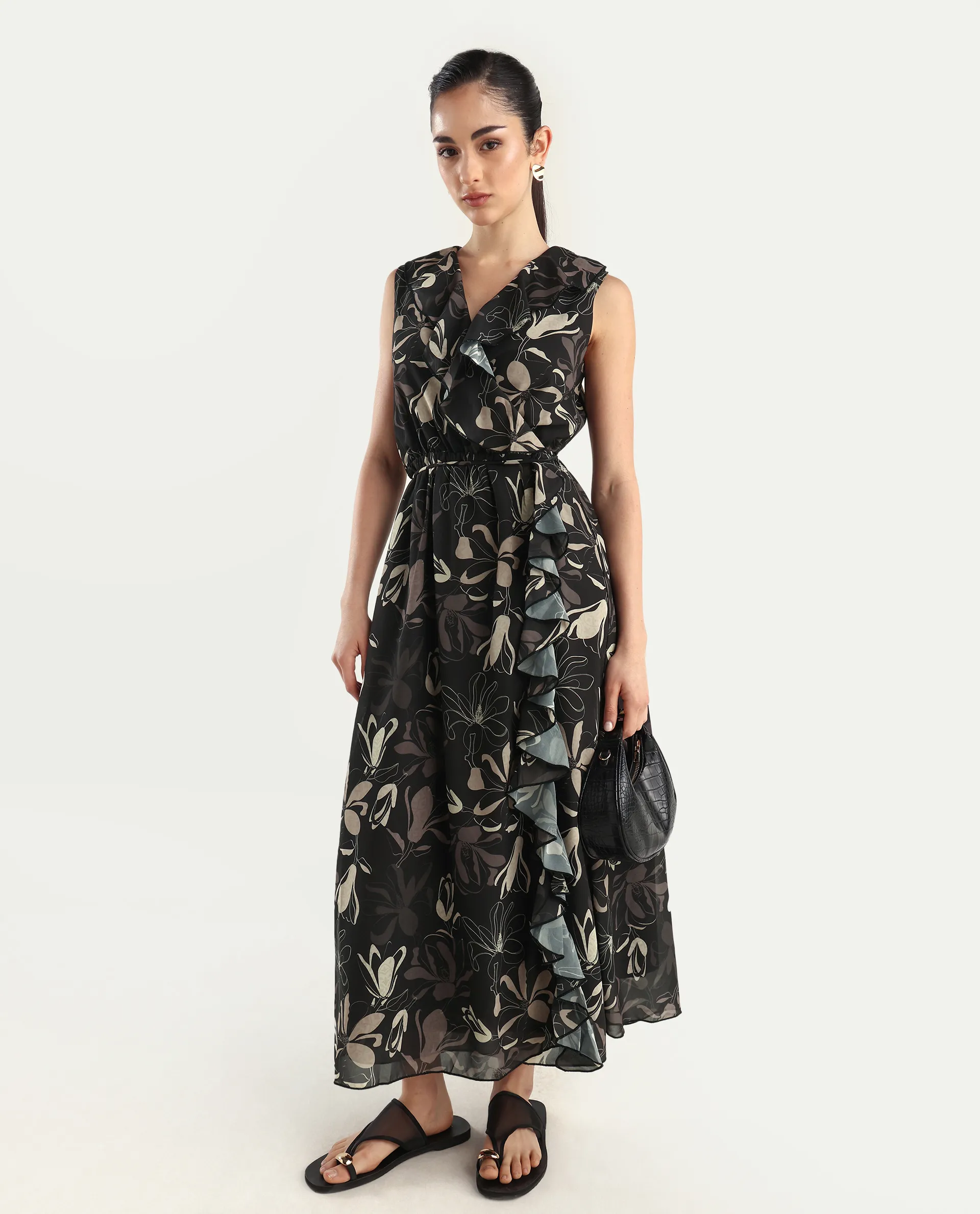 Rareism Women's Licia Black Cotton Blend Overlap Neck Floral Print Sleeveless Maxi A-Line Dress - Image 2