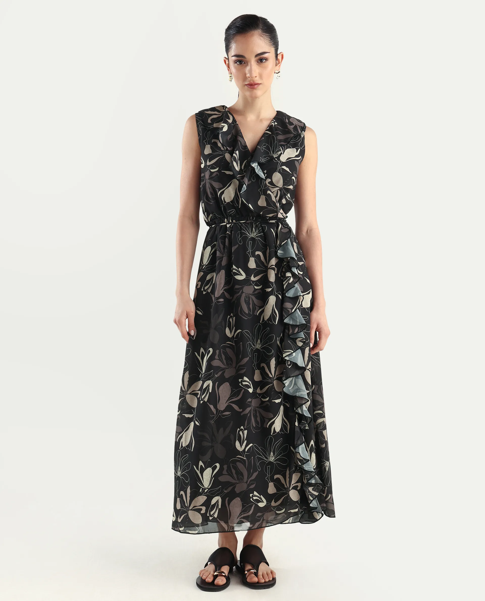 Rareism Women's Licia Black Cotton Blend Overlap Neck Floral Print Sleeveless Maxi A-Line Dress - Image 6