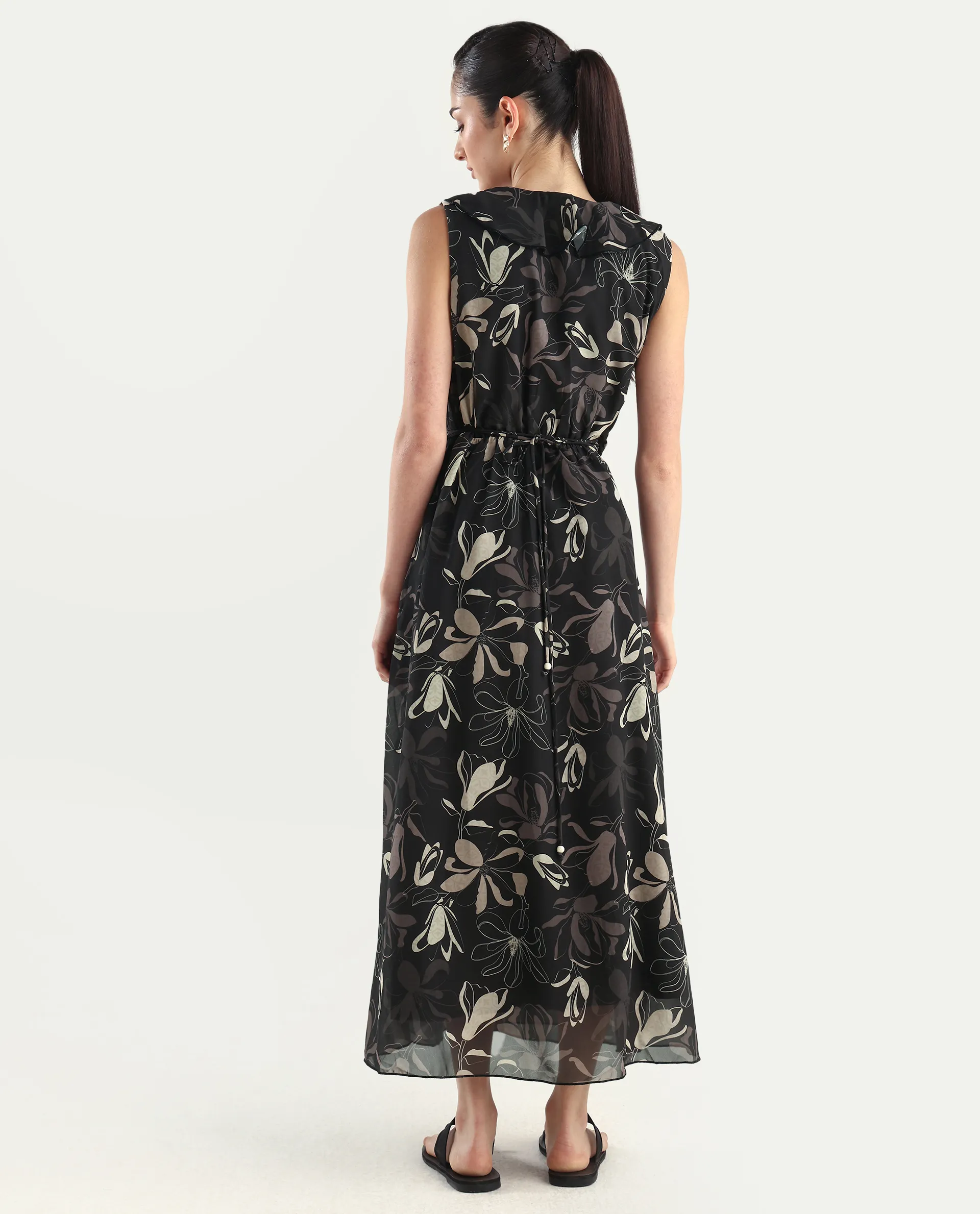 Rareism Women's Licia Black Cotton Blend Overlap Neck Floral Print Sleeveless Maxi A-Line Dress - Image 8