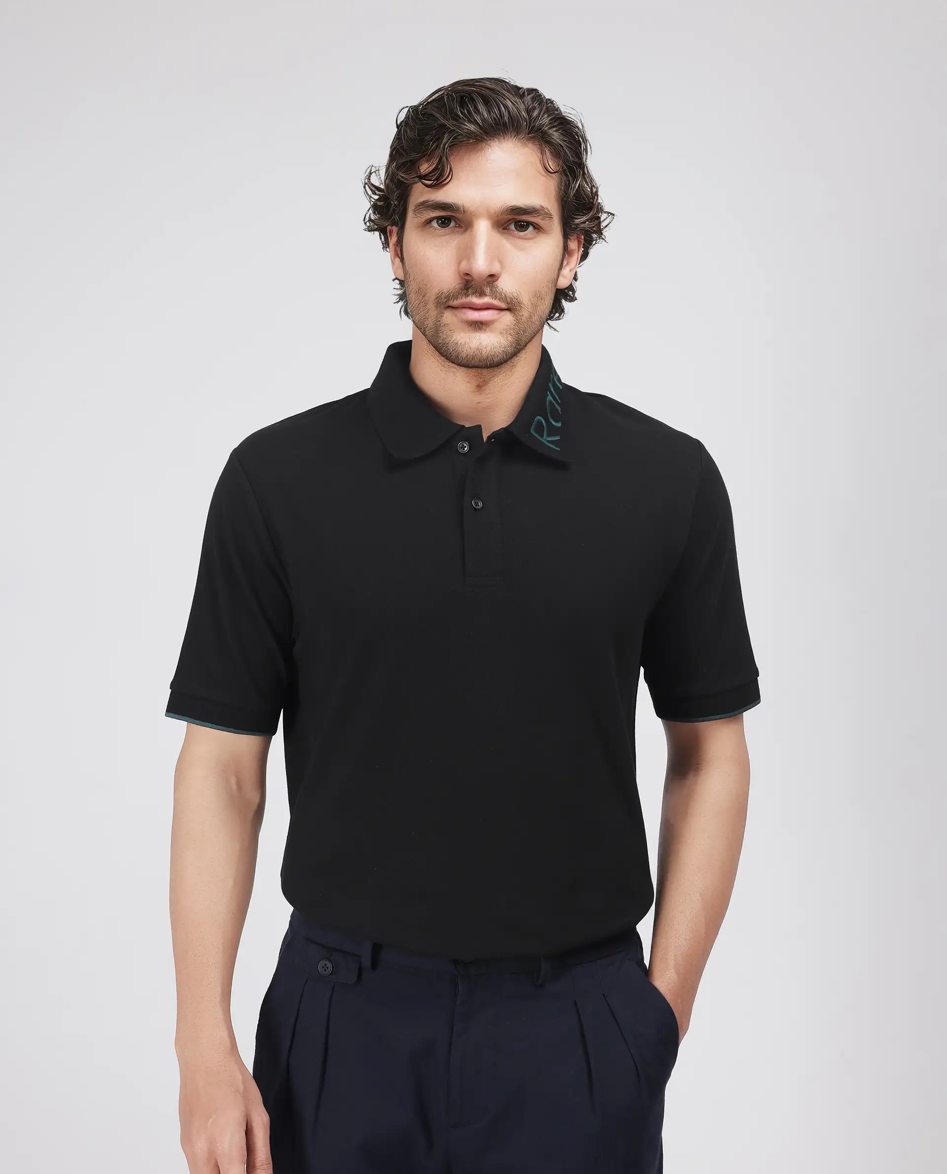 Rare Rabbit Men's Limo Black Cotton Embroidered Regular Fit Half Sleeve Polo