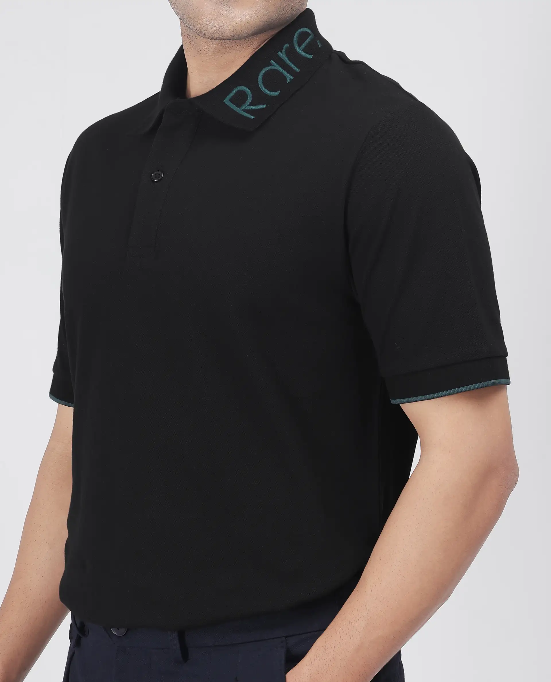 Rare Rabbit Men's Limo Black Cotton Embroidered Regular Fit Half Sleeve Polo - Image 3