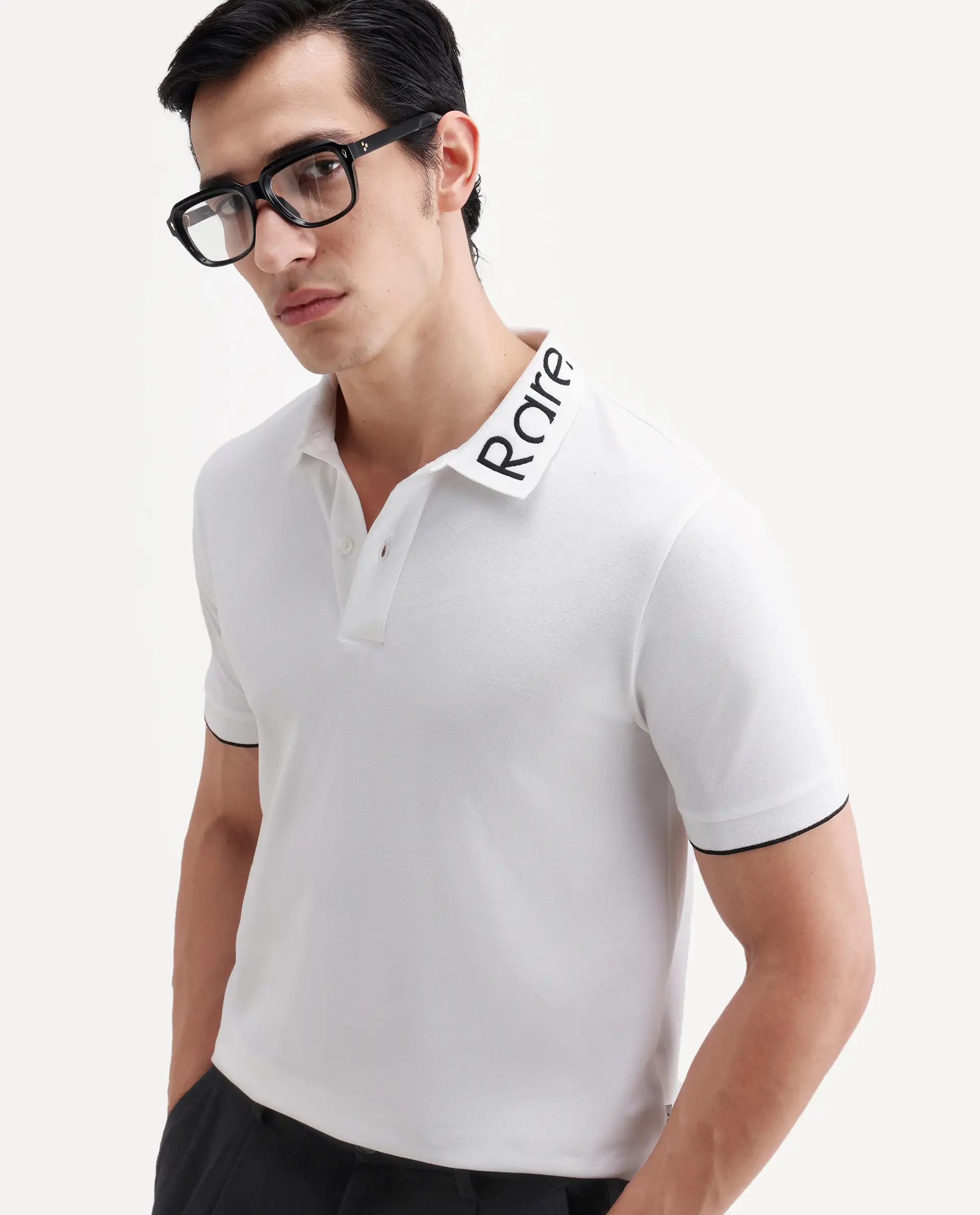 Rare Rabbit Men's Limo-S26 White Cotton Blend Fabric Half Sleeve Spread Collar Regular Fit Plain Polo