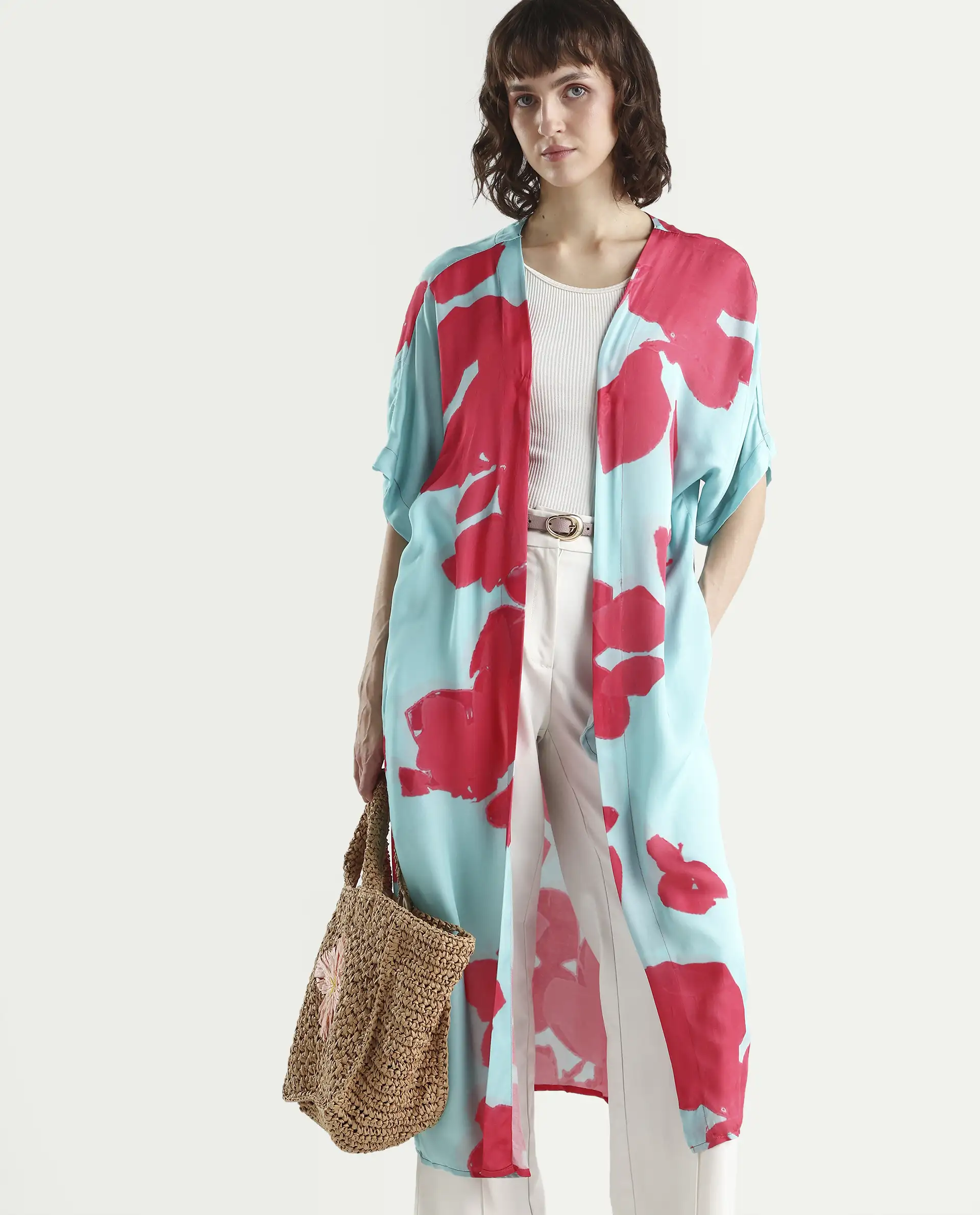 Rareism Women's Limur Turq Modal Blend Collarless Relaxed Fit Outer Wear