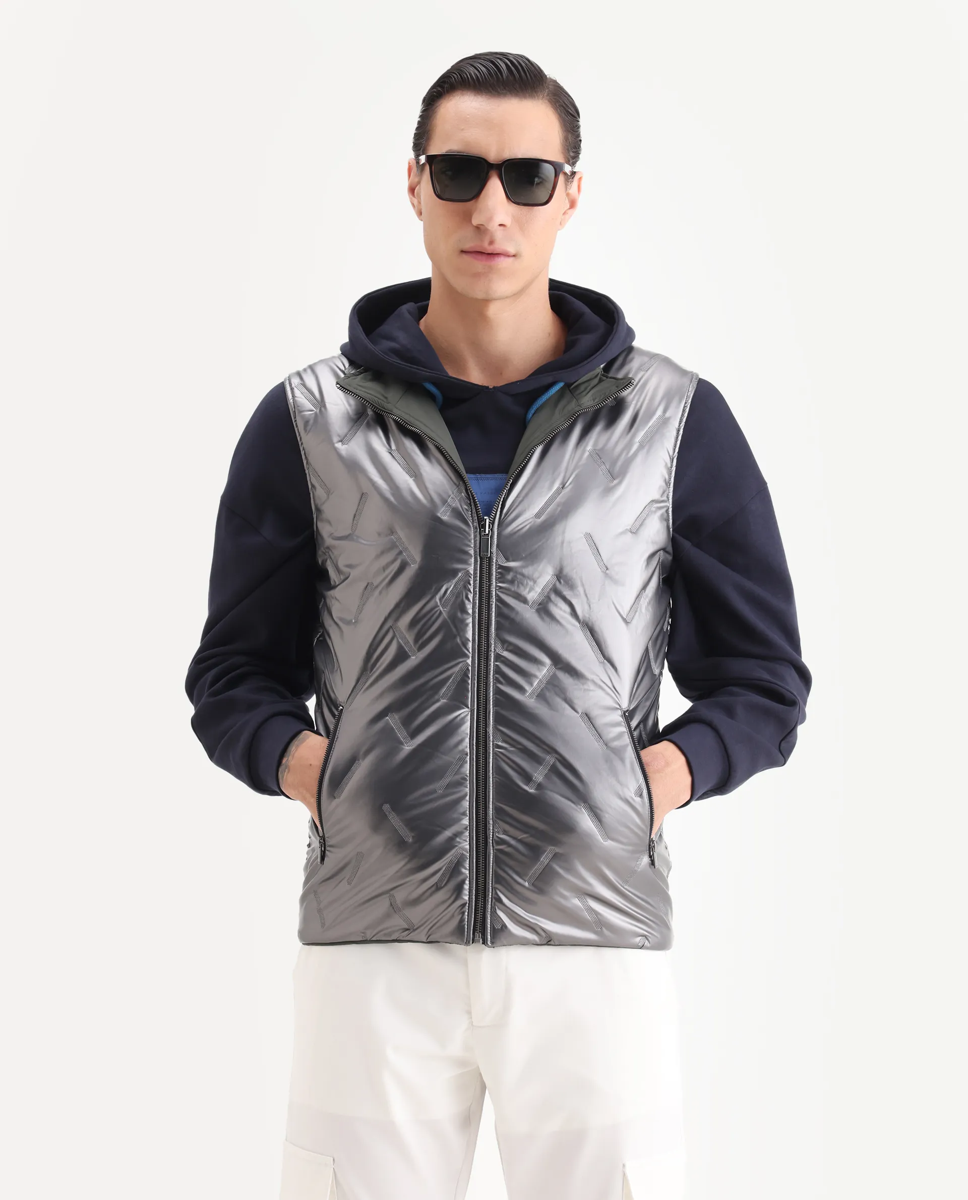 Rare Rabbit Men's Linda Metalic Silver Polyester Plain Regular Fit Sleeveless High Neck Jacket