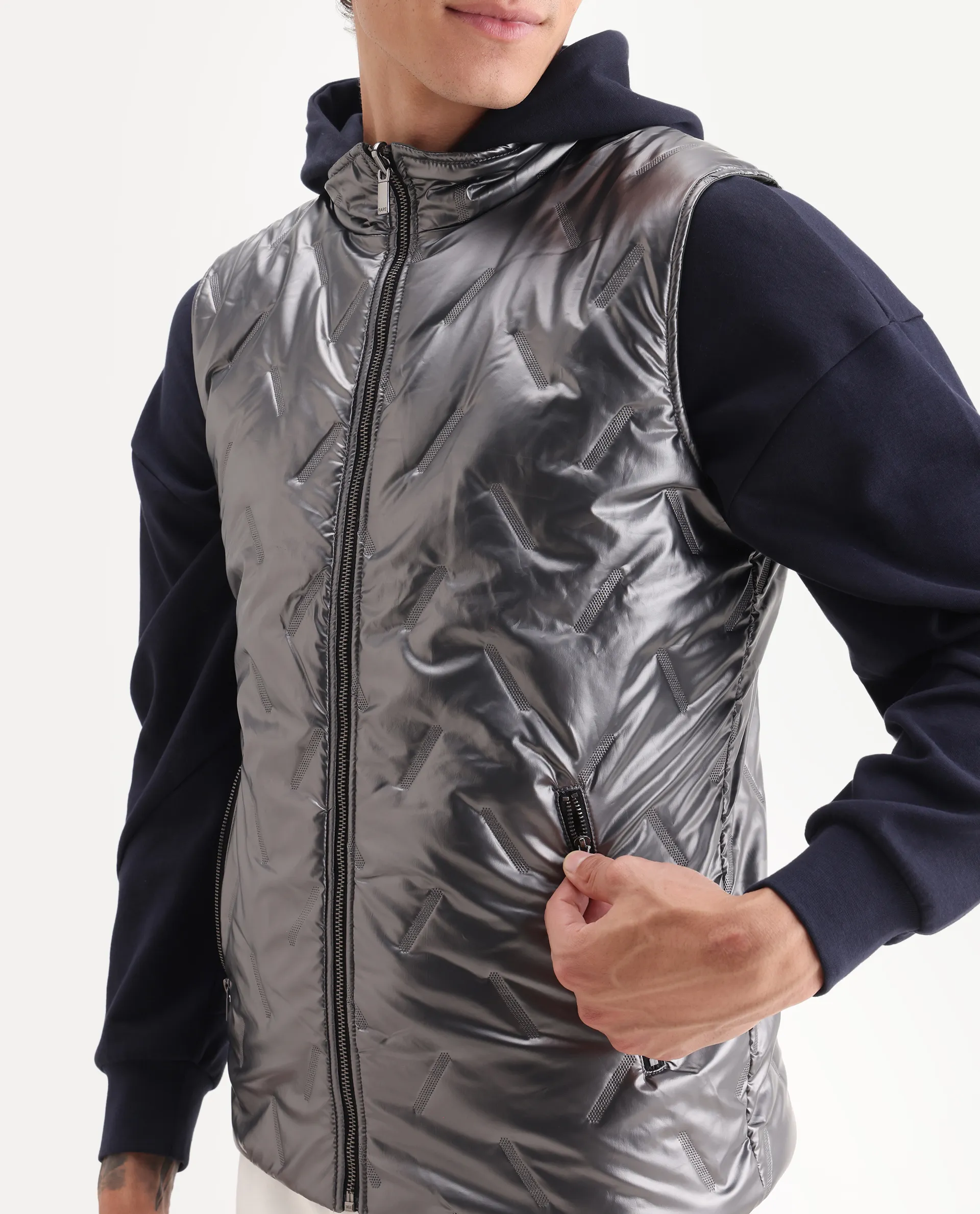Rare Rabbit Men's Linda Metalic Silver Polyester Plain Regular Fit Sleeveless High Neck Jacket - Image 3