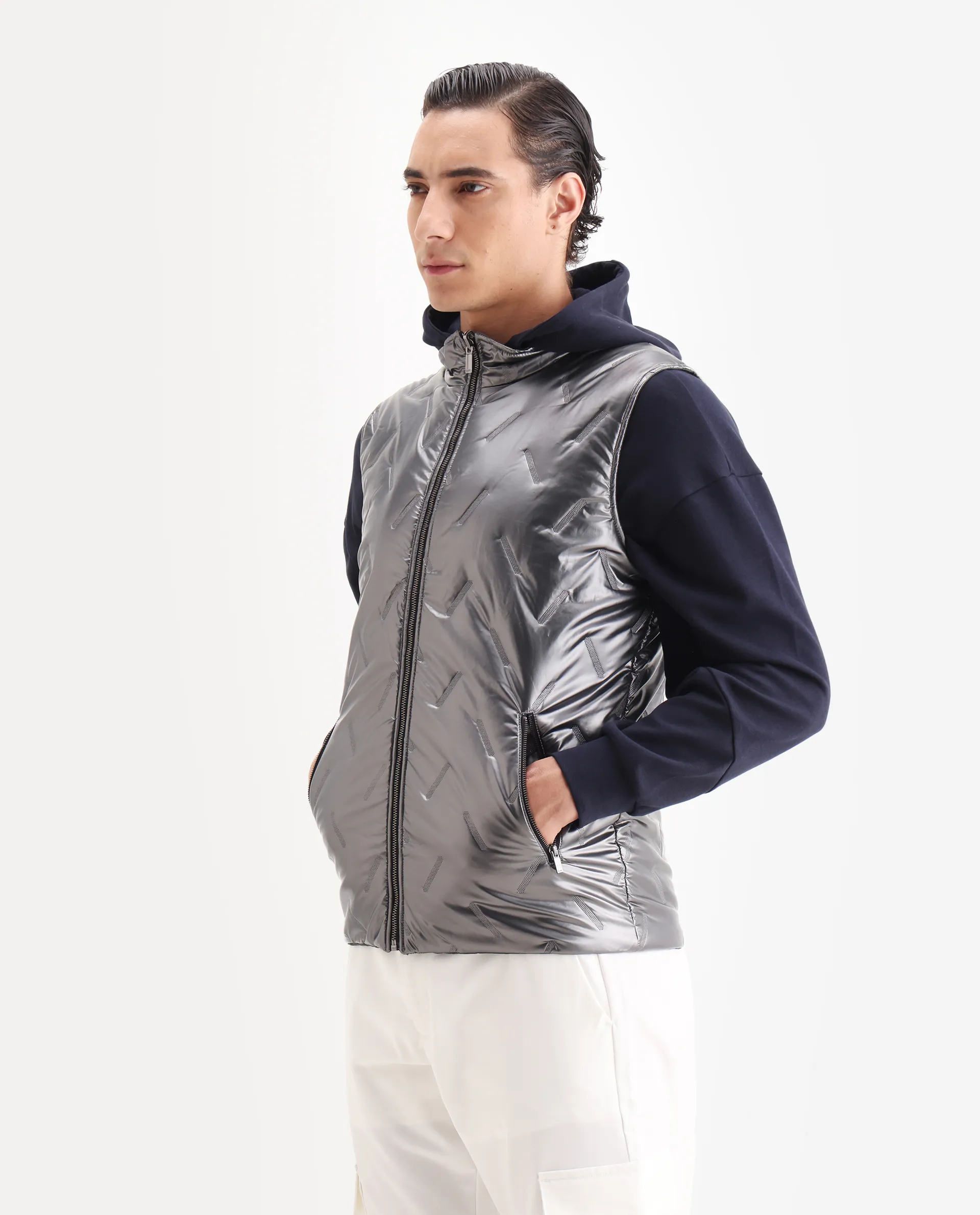 Rare Rabbit Men's Linda Metalic Silver Polyester Plain Regular Fit Sleeveless High Neck Jacket - Image 4