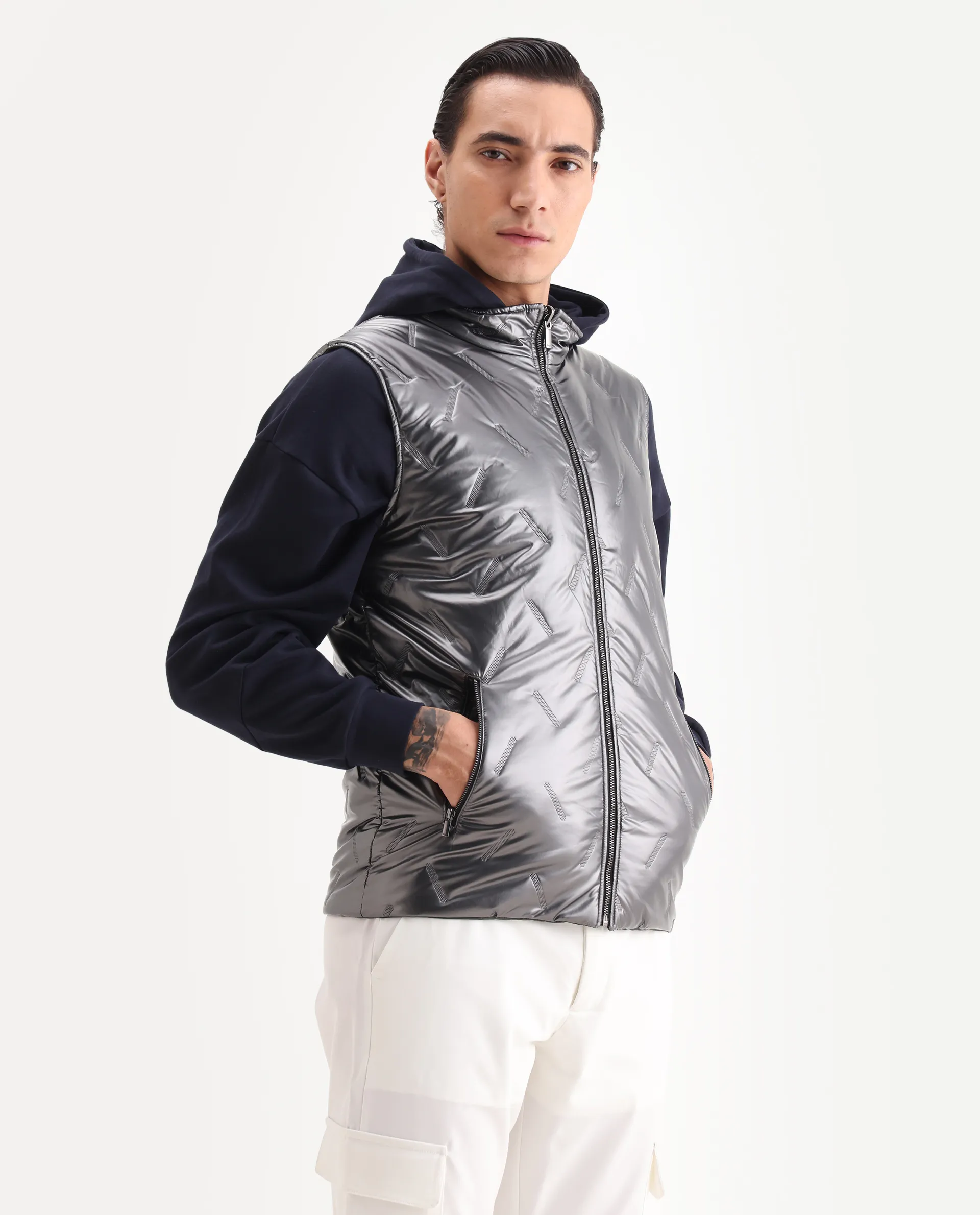 Rare Rabbit Men's Linda Metalic Silver Polyester Plain Regular Fit Sleeveless High Neck Jacket - Image 5