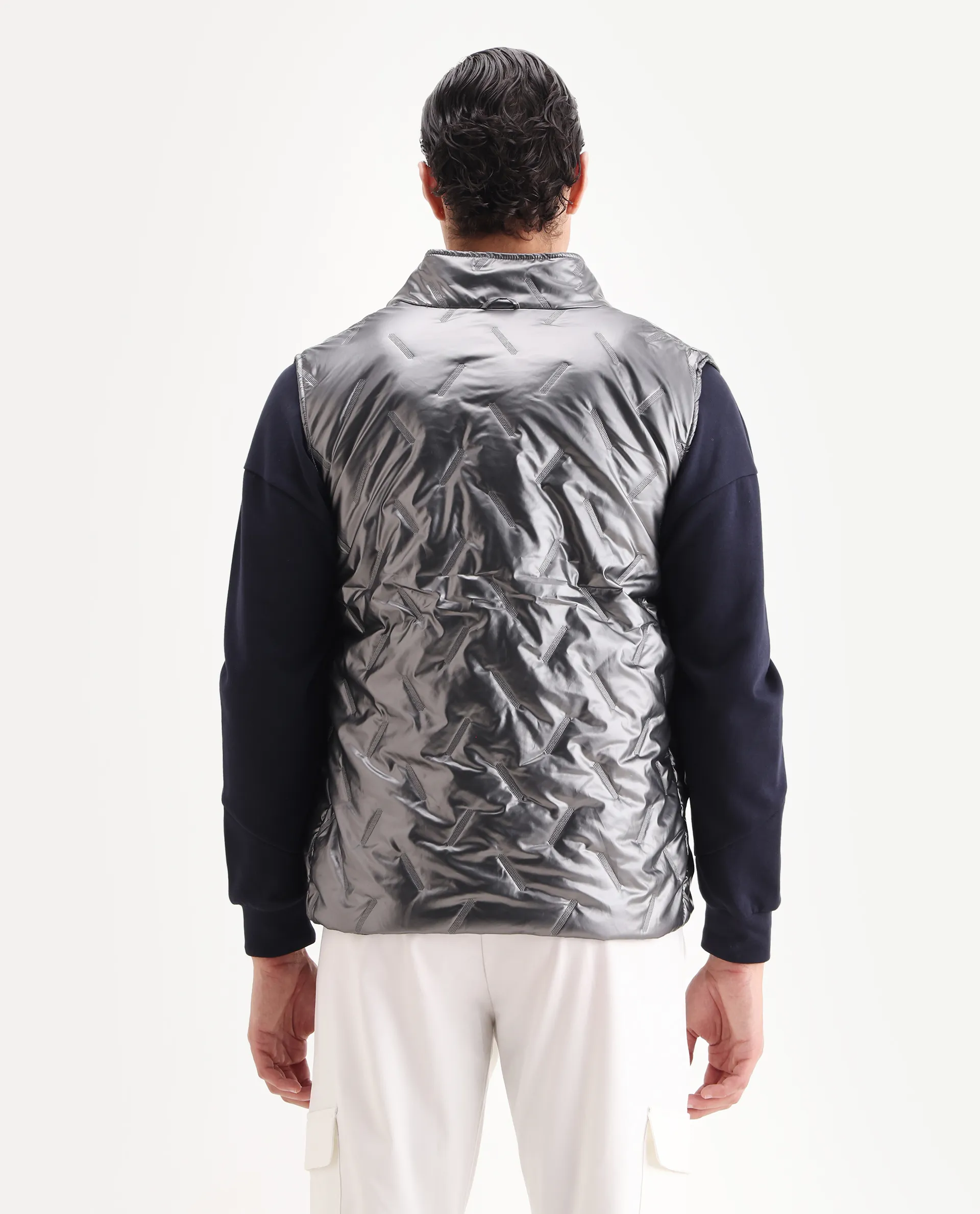 Rare Rabbit Men's Linda Metalic Silver Polyester Plain Regular Fit Sleeveless High Neck Jacket - Image 6