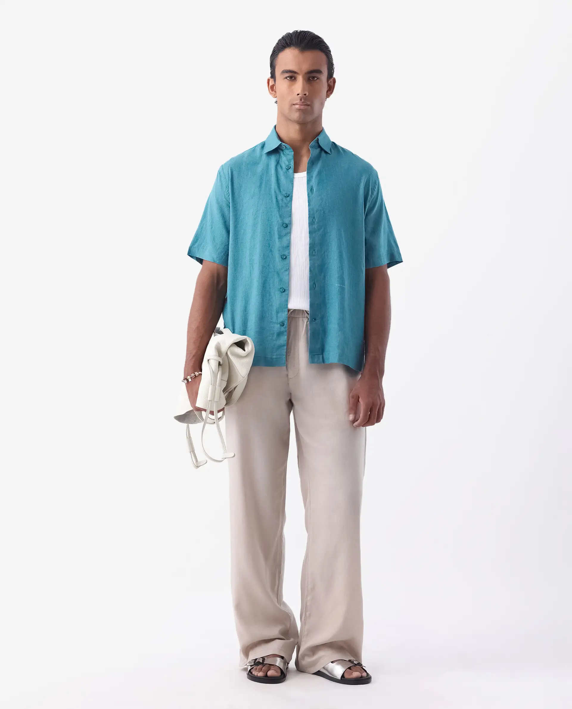 Rare Rabbit Men's Linex-1 Ss Turq 100% Linen Plain Regular Fit Half Sleeve Collared Shirt