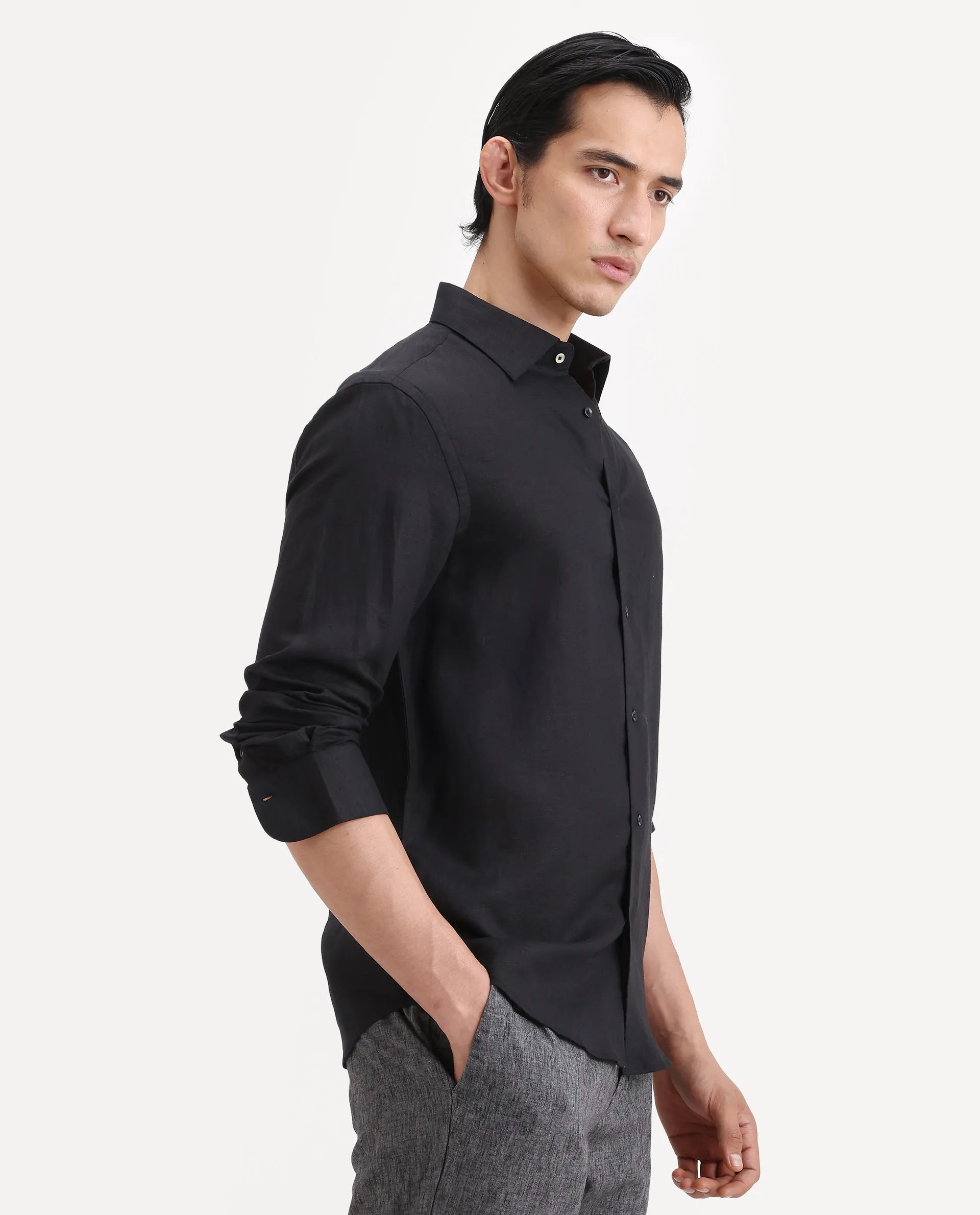 Rare Rabbit Men's Linex Ls Black Linen Blend Fabric Full Sleeve Spread Collar Regular Fit Plain Shirt - Image 5