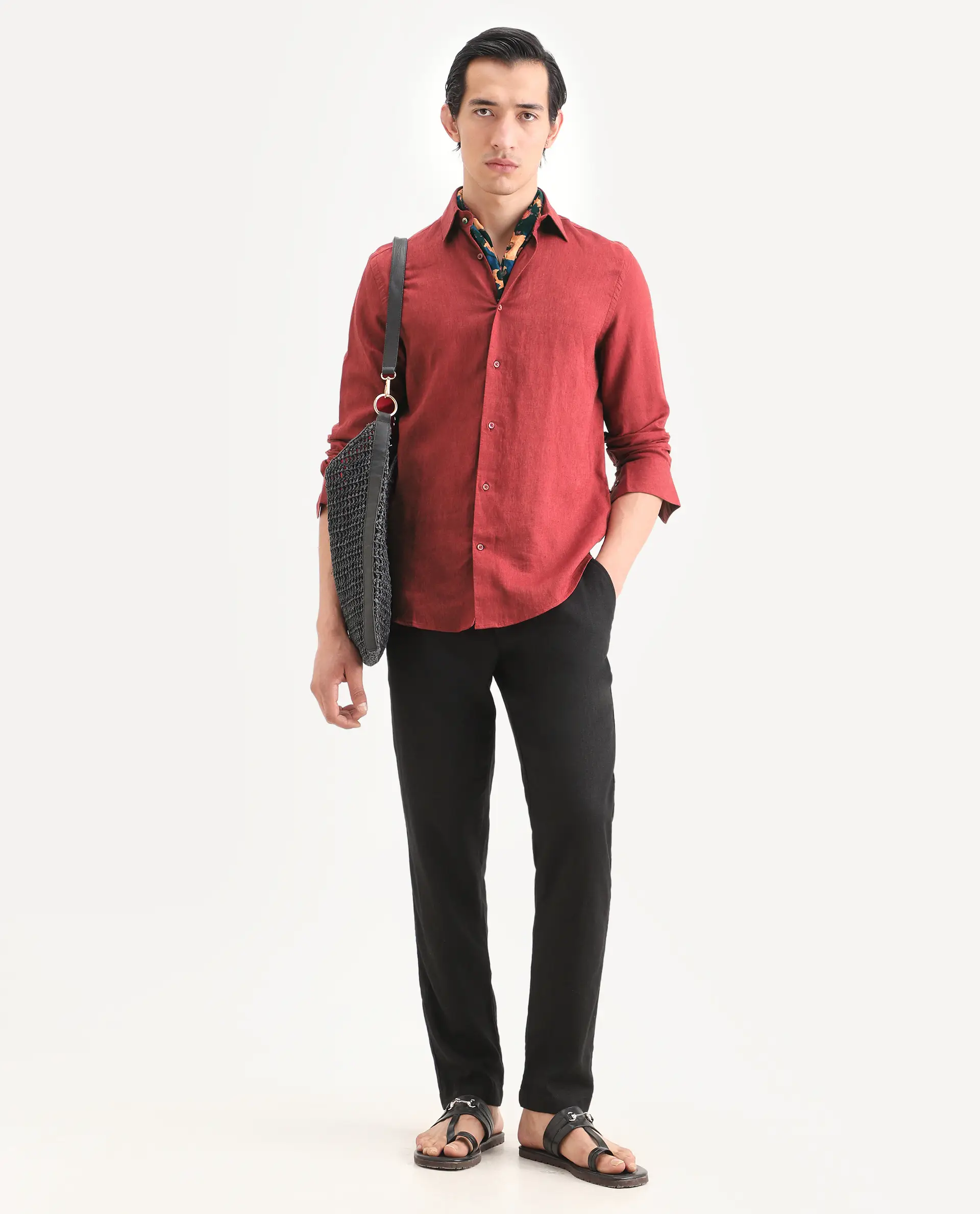 Rare Rabbit Men's Linex Ls Red Linen Blend Fabric Full Sleeve Spread Collar Regular Fit Plain Shirt - Image 2