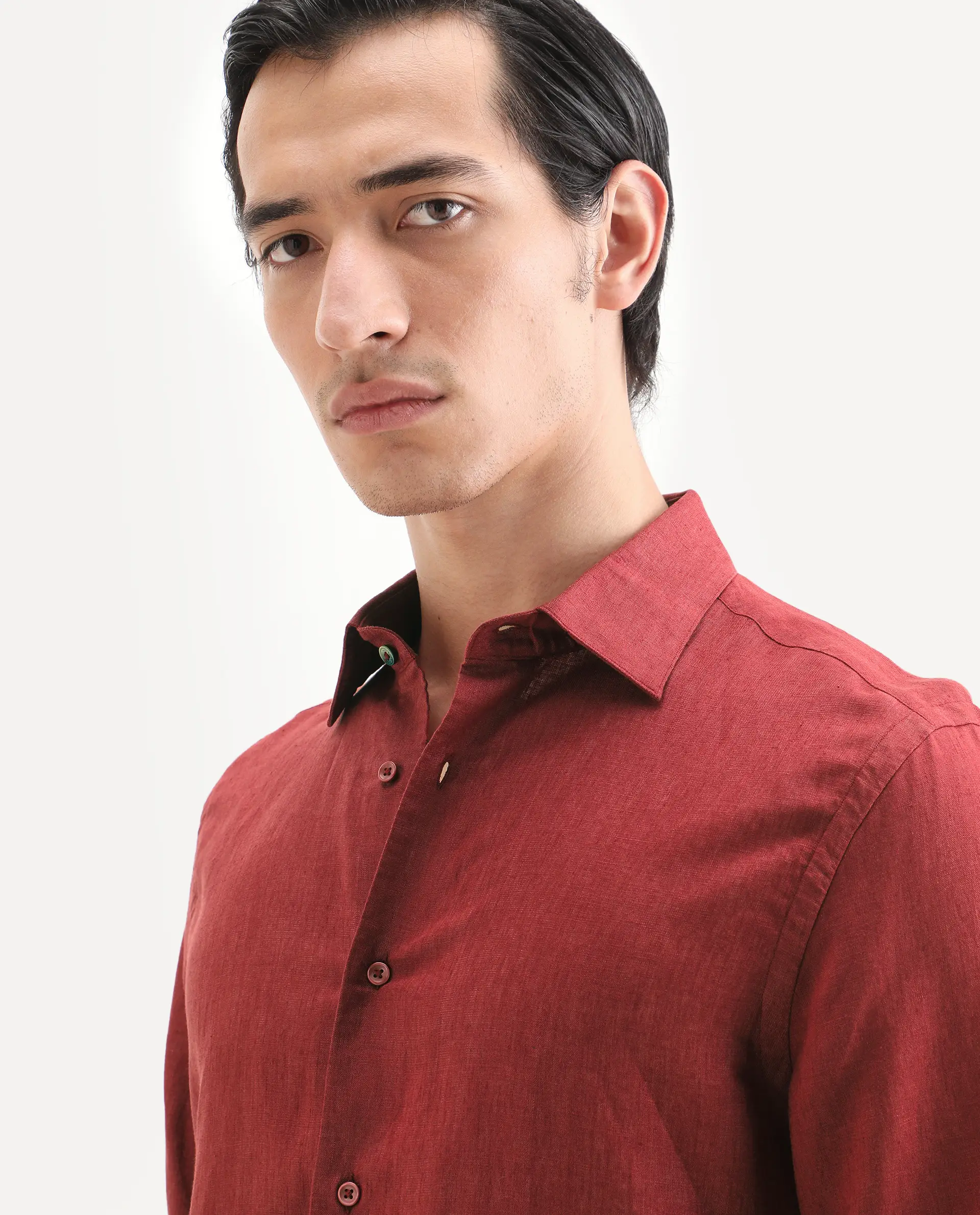 Rare Rabbit Men's Linex Ls Red Linen Blend Fabric Full Sleeve Spread Collar Regular Fit Plain Shirt - Image 3