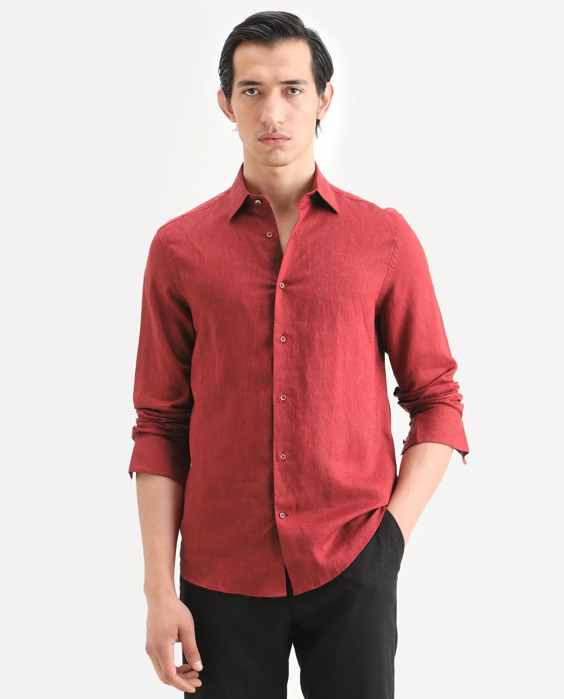 Rare Rabbit Men's Linex Ls Red Linen Blend Fabric Full Sleeve Spread Collar Regular Fit Plain Shirt - Image 4