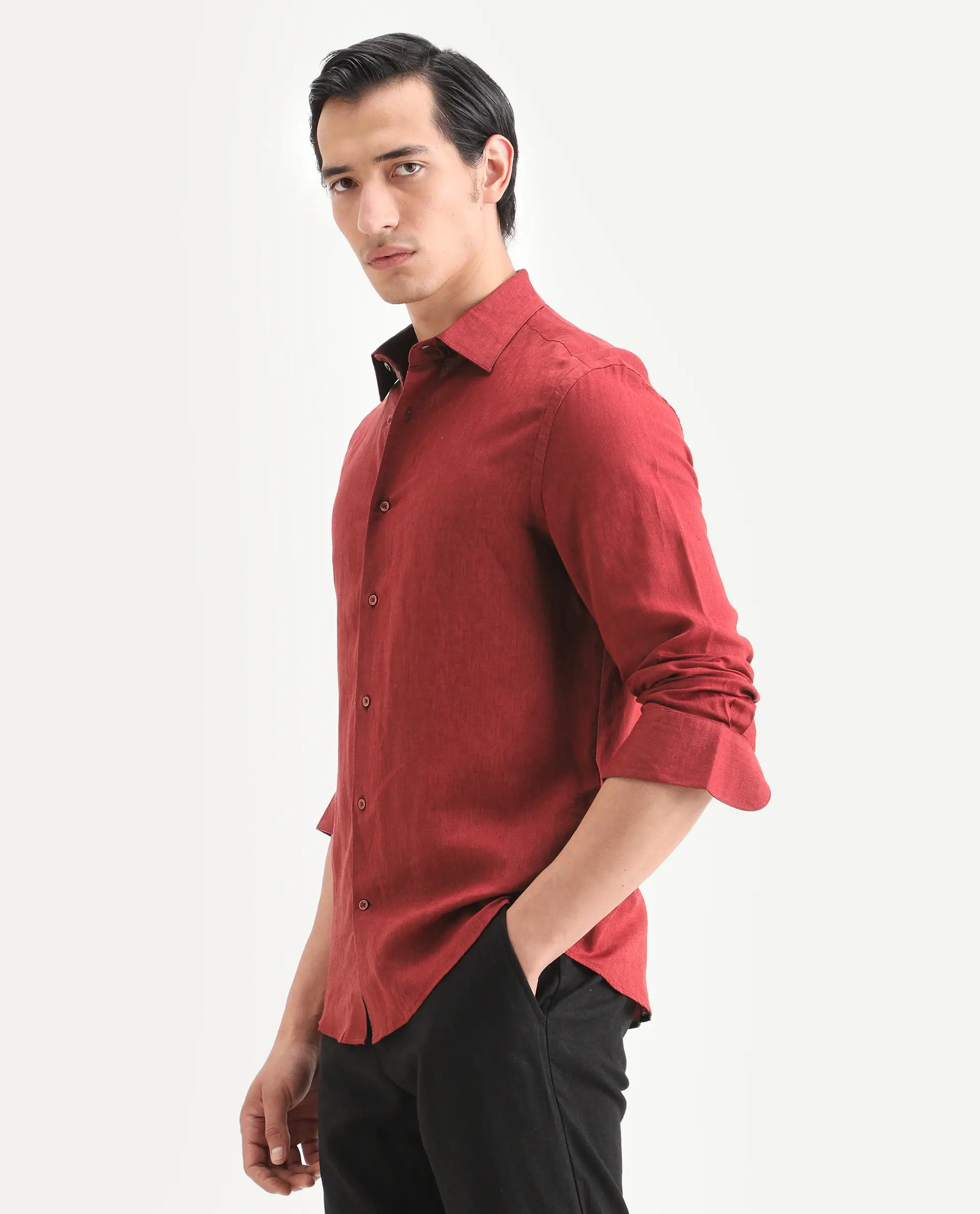 Rare Rabbit Men's Linex Ls Red Linen Blend Fabric Full Sleeve Spread Collar Regular Fit Plain Shirt - Image 5