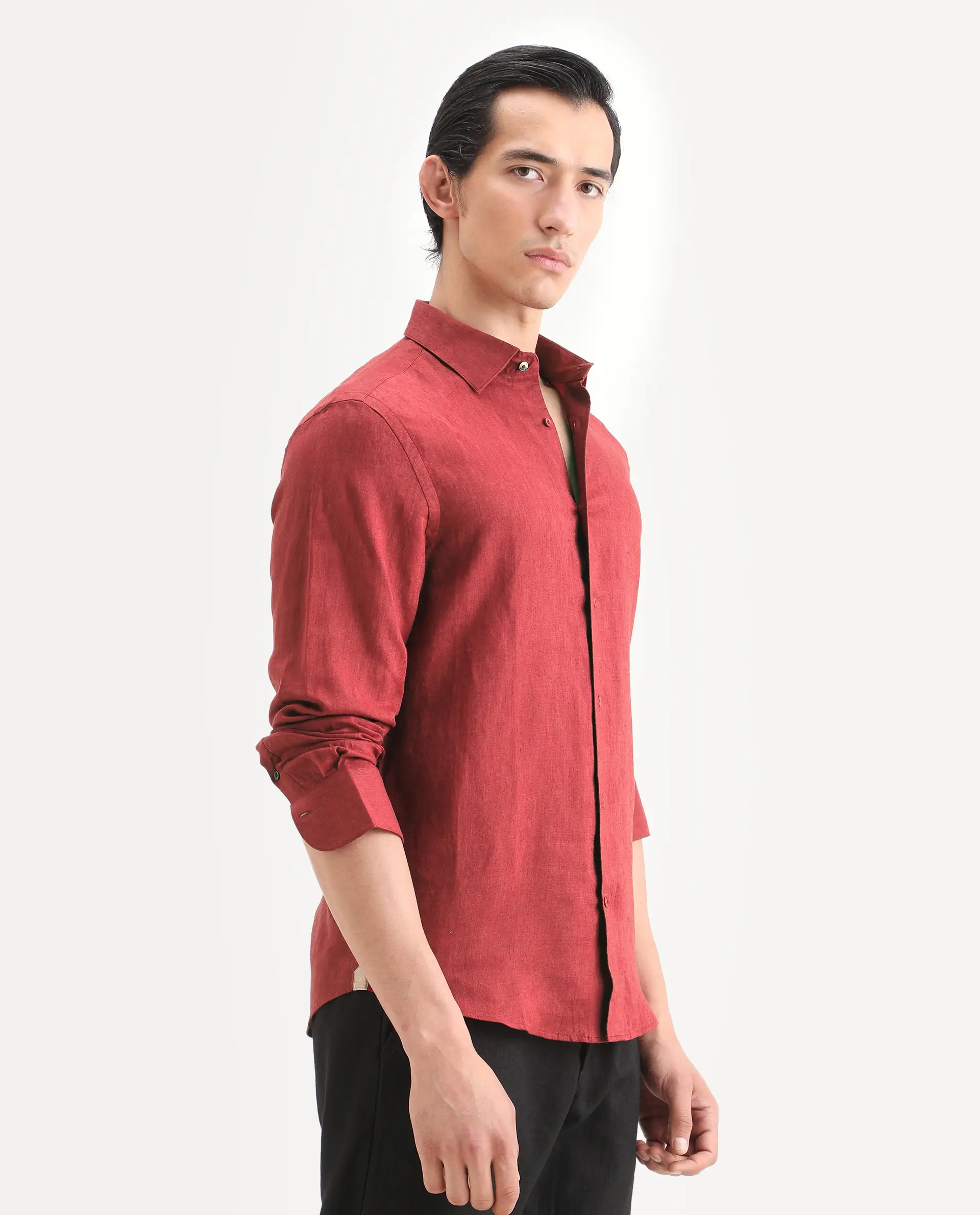 Rare Rabbit Men's Linex Ls Red Linen Blend Fabric Full Sleeve Spread Collar Regular Fit Plain Shirt - Image 6