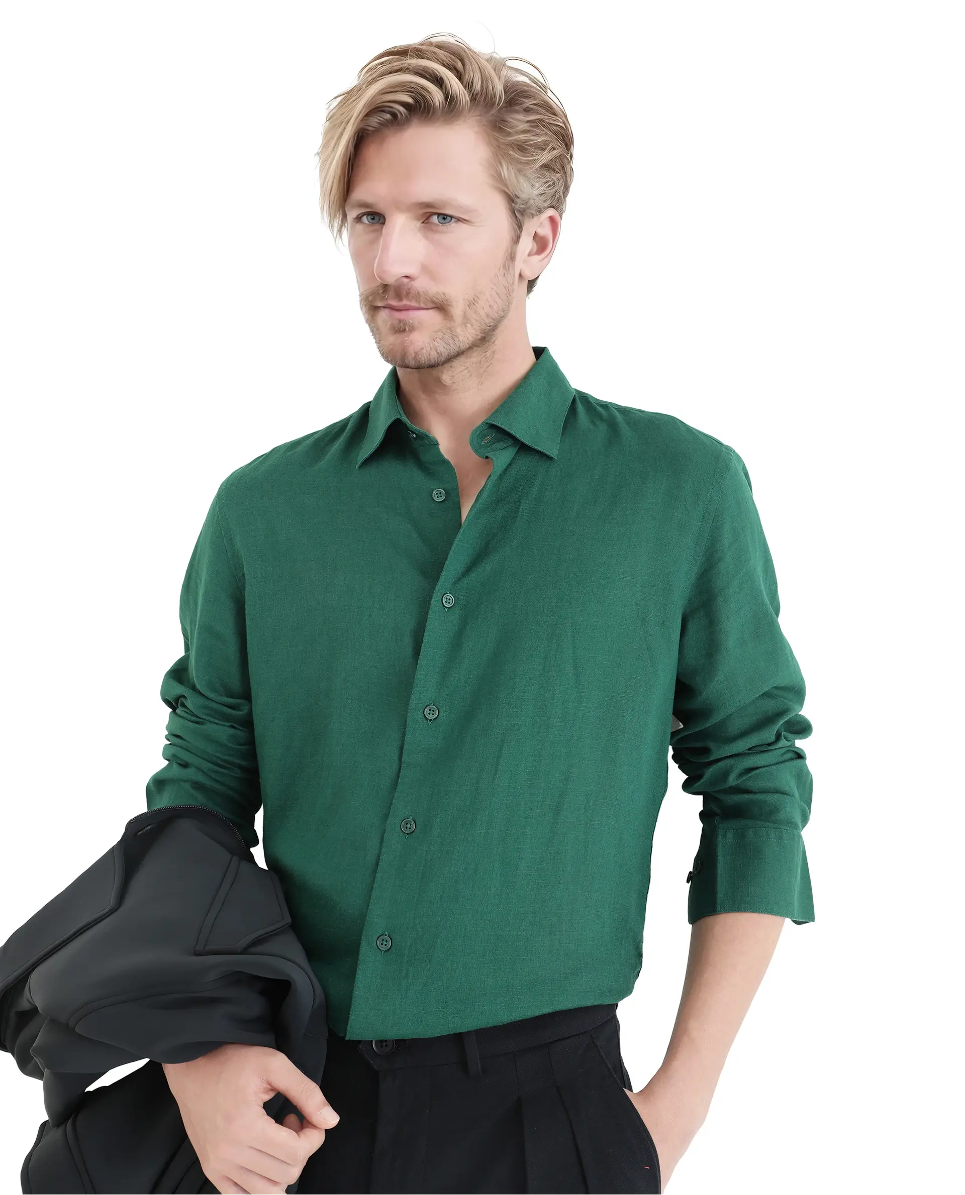 Rare Rabbit Men's Linex Ls-25 Green Linen Blend Plain Regular Fit Full Sleeve Collared Shirt