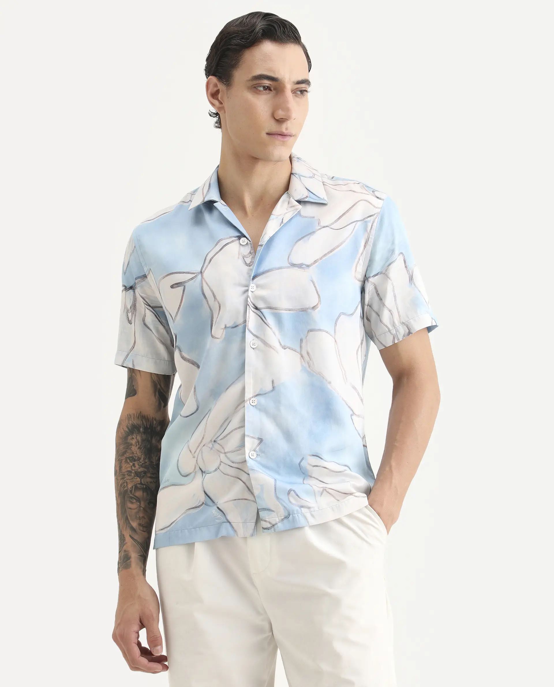 Rare Rabbit Men's Lino Pastel Blue Cotton Fabric Half Sleeve Cuban Collar Regular Fit Floral Print Shirt - Image 4