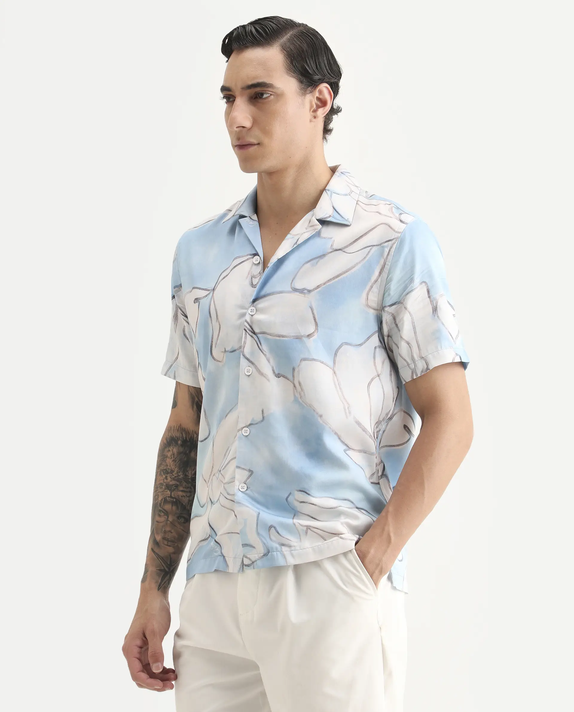 Rare Rabbit Men's Lino Pastel Blue Cotton Fabric Half Sleeve Cuban Collar Regular Fit Floral Print Shirt - Image 5