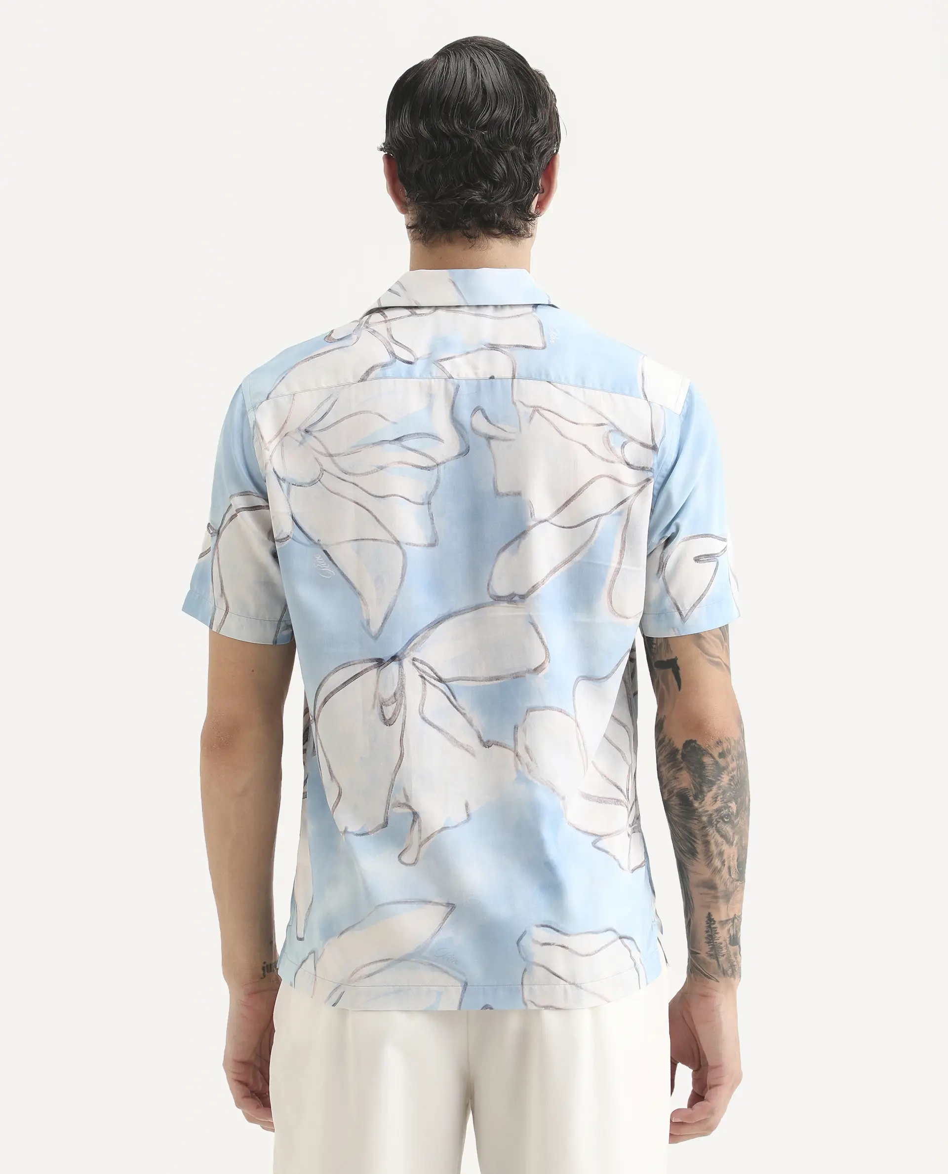 Rare Rabbit Men's Lino Pastel Blue Cotton Fabric Half Sleeve Cuban Collar Regular Fit Floral Print Shirt - Image 7