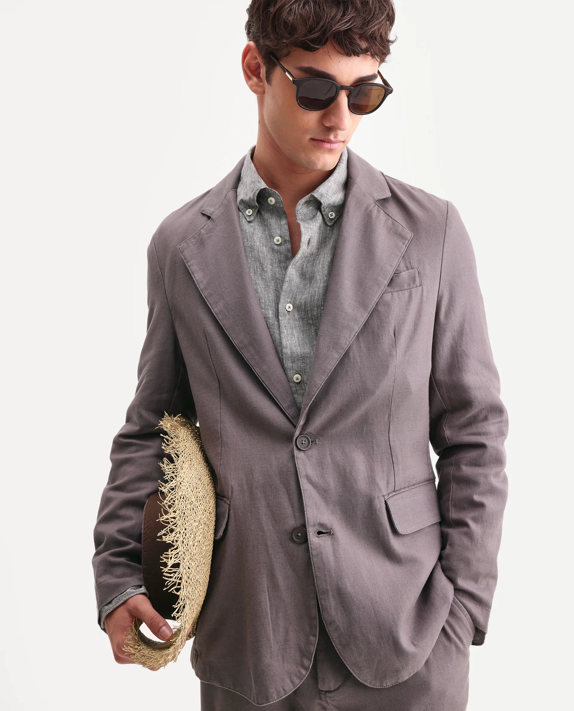 Rare Rabbit Men's Linol Grey Linen Blend Fabric Lapel Neck Tailored Fit Plain Blazer