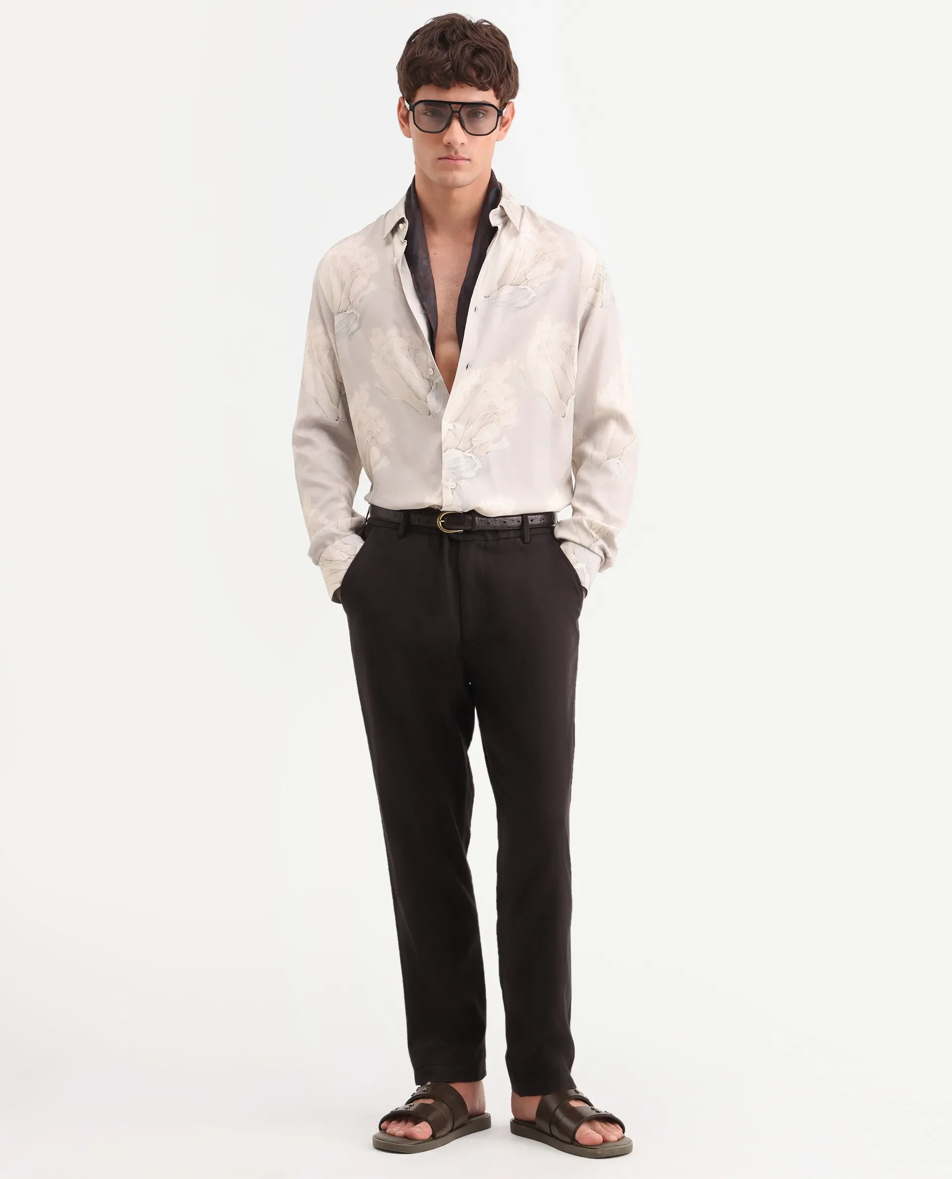Rare Rabbit Men's Linol-T Dark Brown Linen Blend Fabric Regular Fit Drawstring Plain Trouser