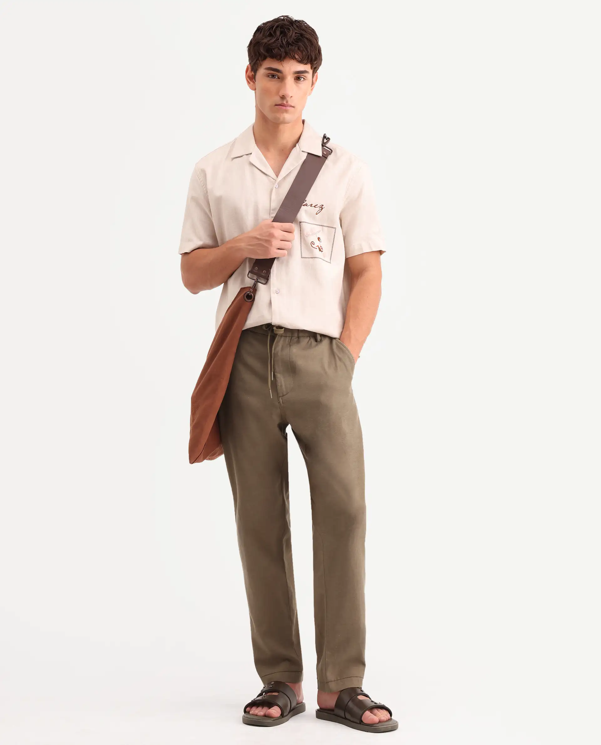 Rare Rabbit Men's Linol-T Khaki Linen Blend Fabric Regular Fit Drawstring Plain Trouser