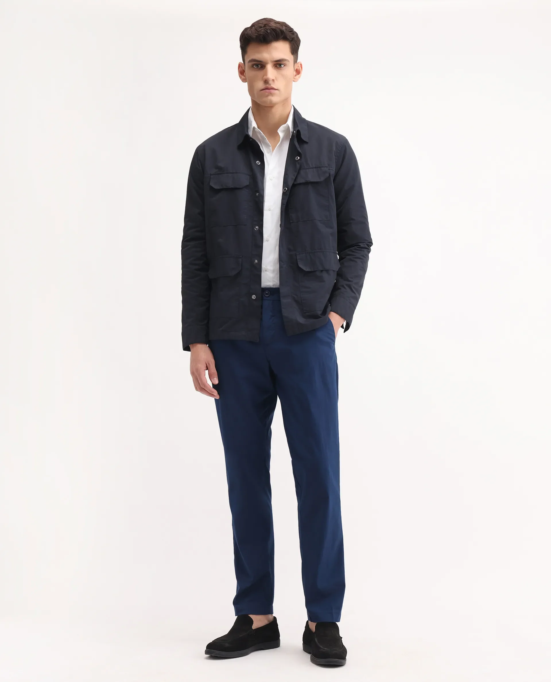 Rare Rabbit Men's Linotel Blue Cotton Blend Plain Regular Fit Trouser