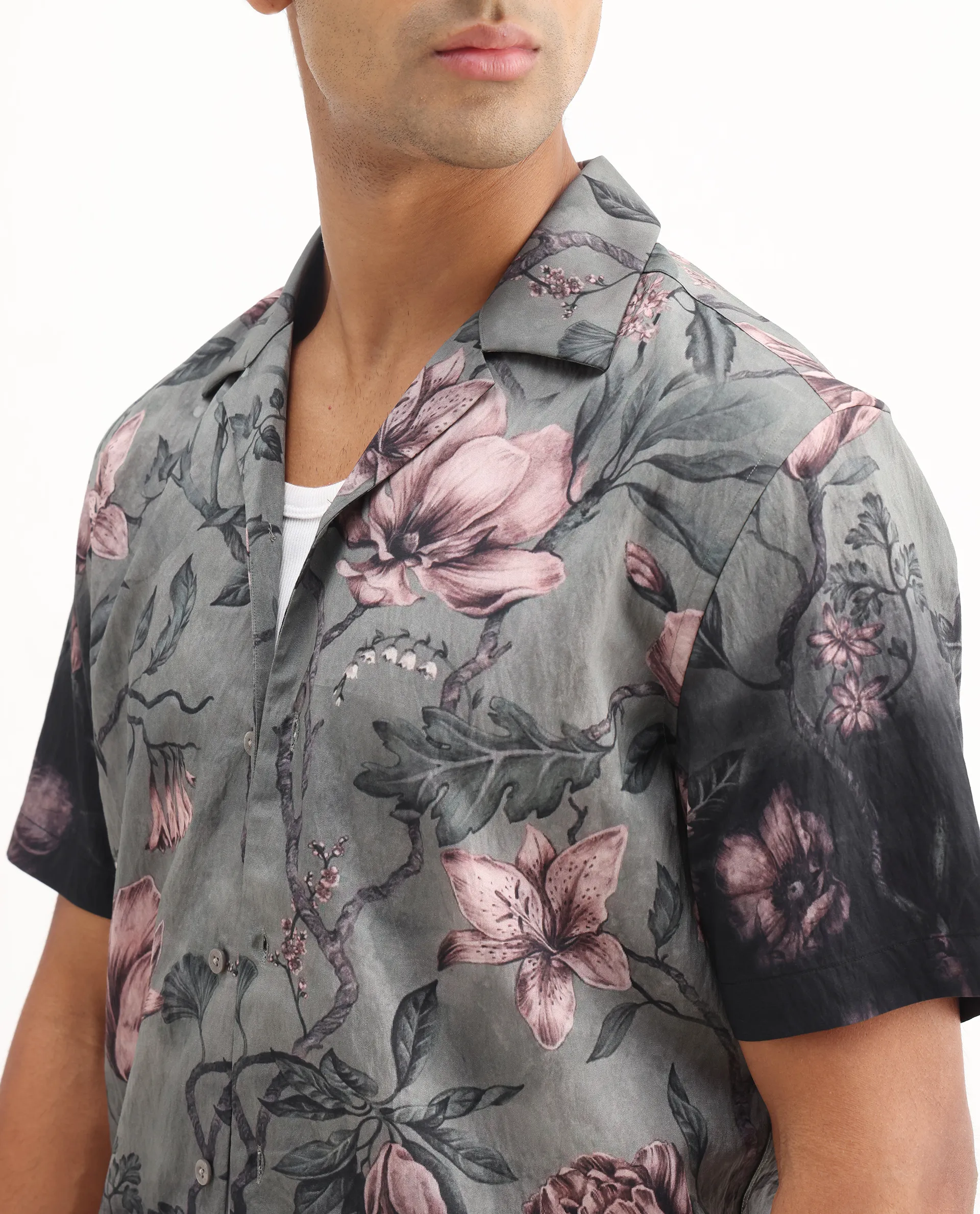 Rare Rabbit Men's Litor Dusky Green Viscose Blend Floral Print Relaxed Fit Half Sleeve Cuban Collar Shirt - Image 3