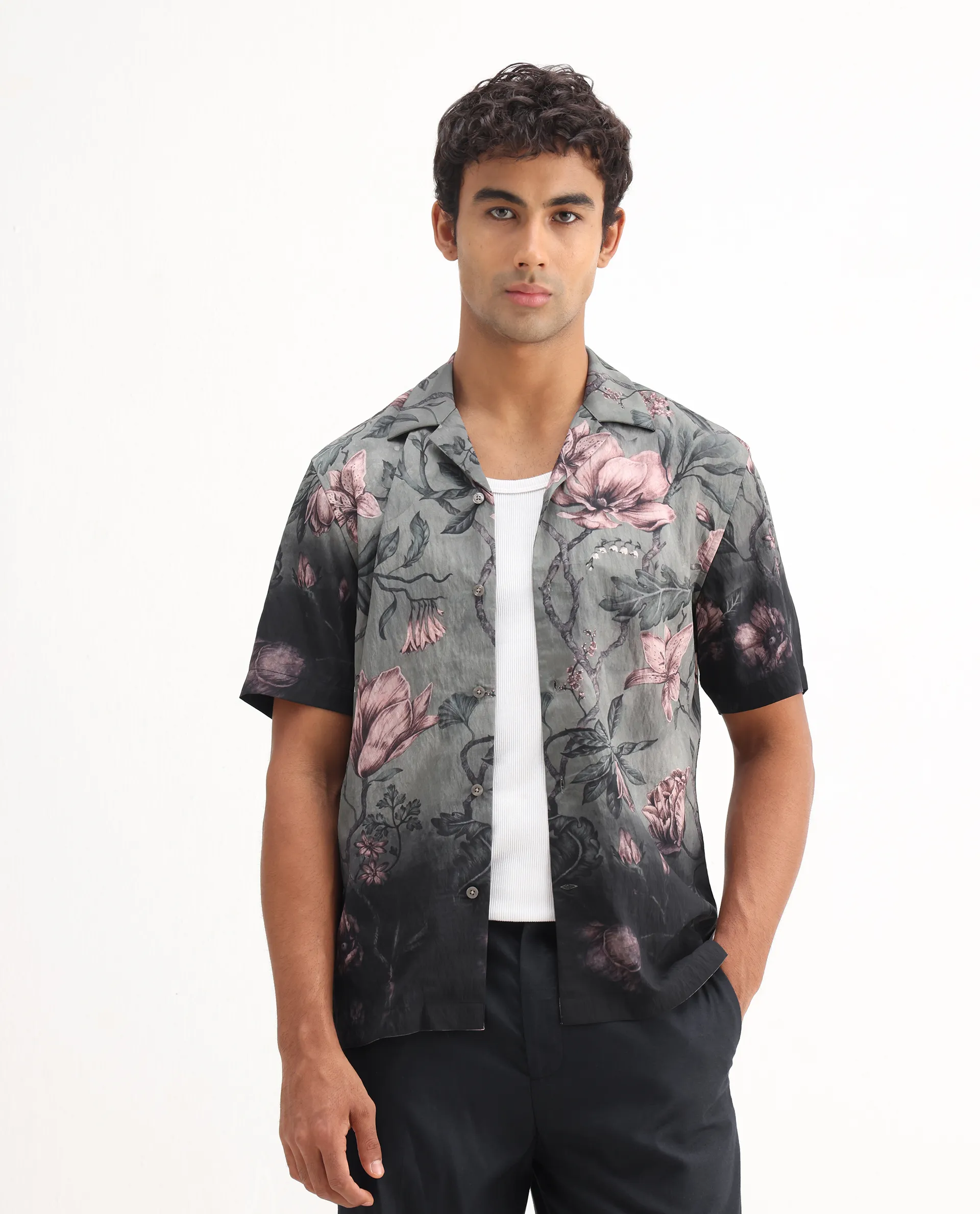Rare Rabbit Men's Litor Dusky Green Viscose Blend Floral Print Relaxed Fit Half Sleeve Cuban Collar Shirt - Image 4