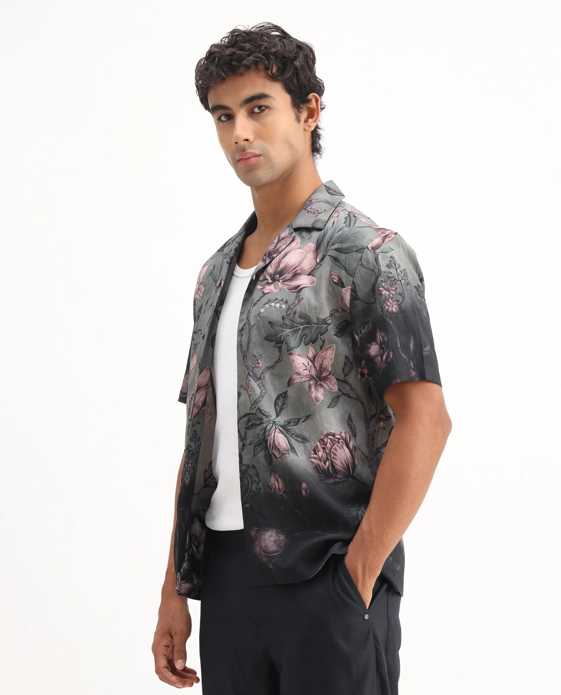 Rare Rabbit Men's Litor Dusky Green Viscose Blend Floral Print Relaxed Fit Half Sleeve Cuban Collar Shirt - Image 5