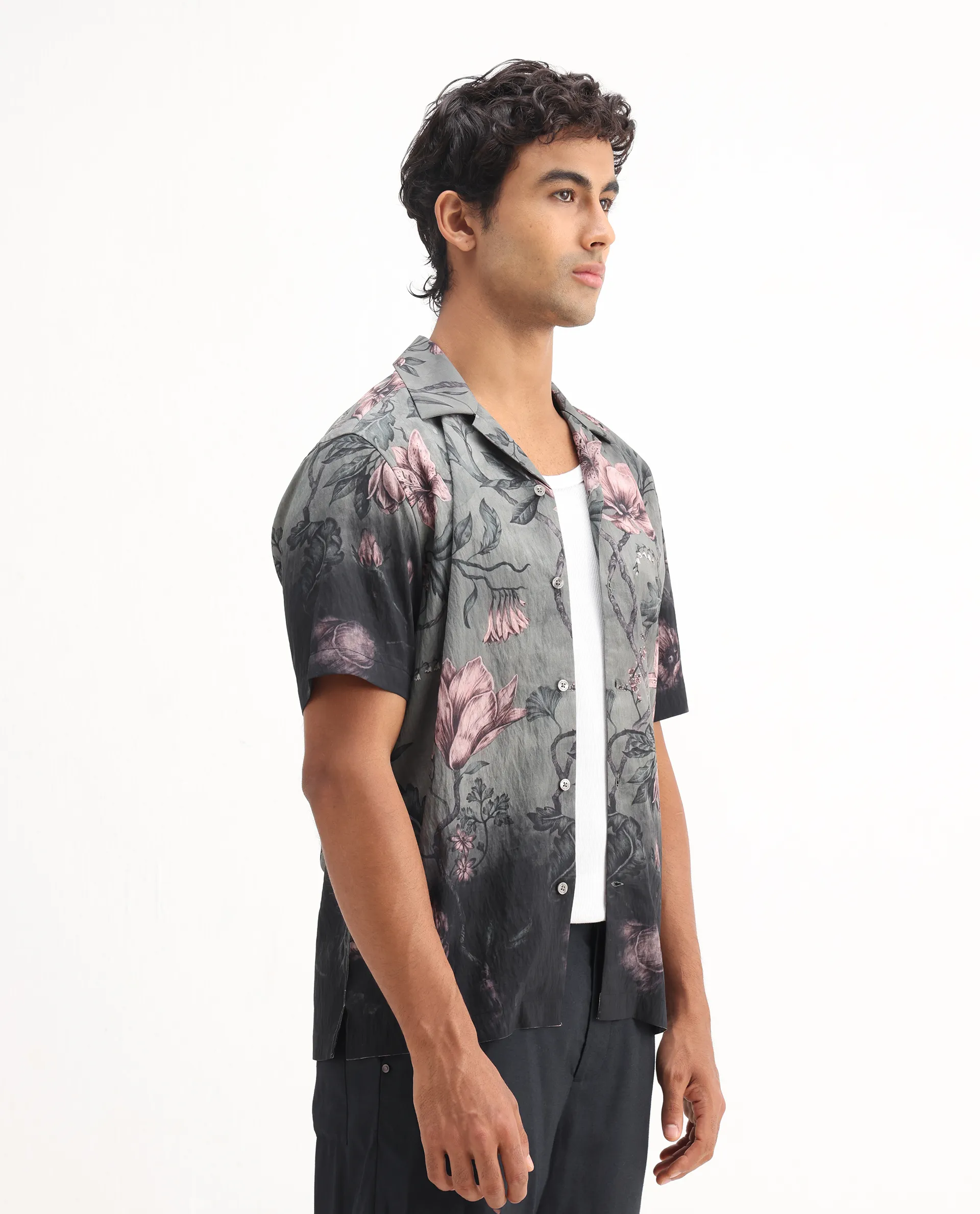 Rare Rabbit Men's Litor Dusky Green Viscose Blend Floral Print Relaxed Fit Half Sleeve Cuban Collar Shirt - Image 6