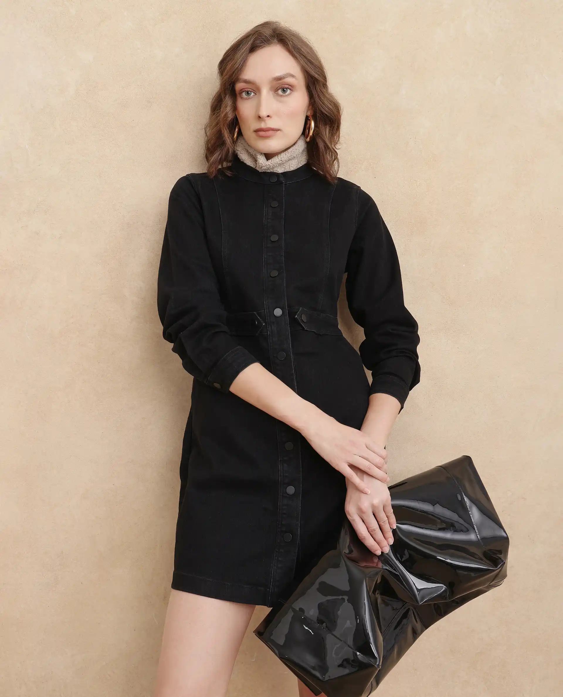 Rareism Women's Lizmi Black Cotton Blend High Neck Plain Cuffed Sleeve Mini Regular Fit Dress