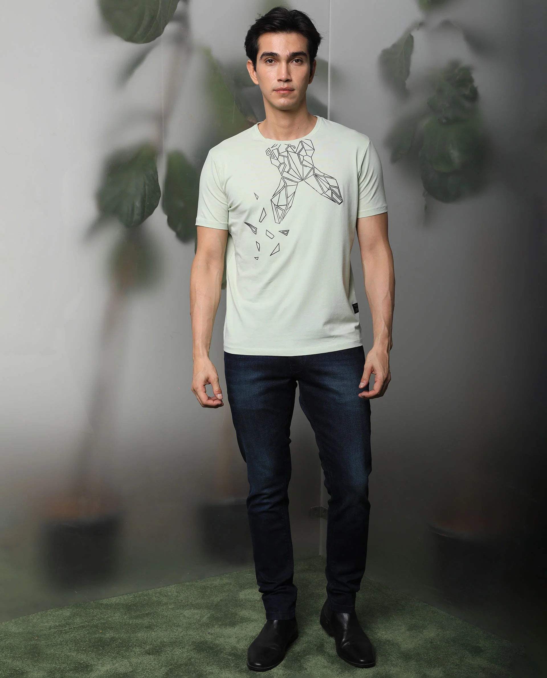 Rare Rabbit Men's Loginn Olive Cotton Graphic Print Slim Fit Half Sleeve Crew Neck T-Shirt - Image 2