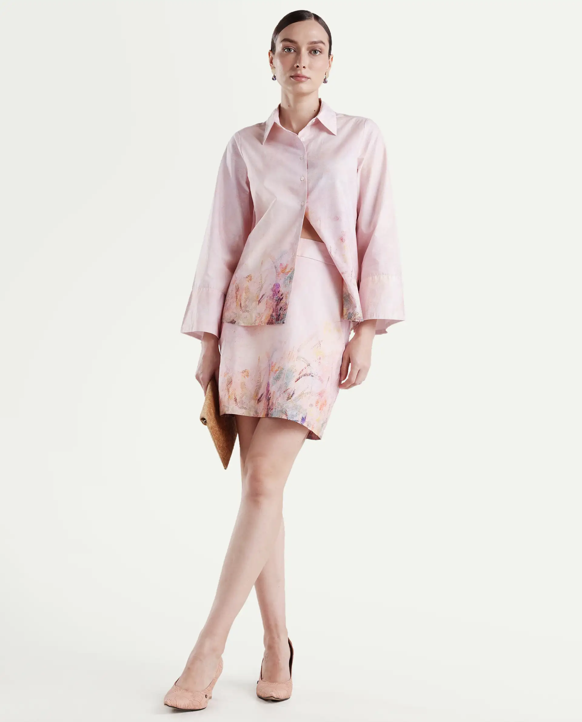 Rareism Women's Loko-B-Pink Cotton Abstract Print Mini Regular Fit Skirt