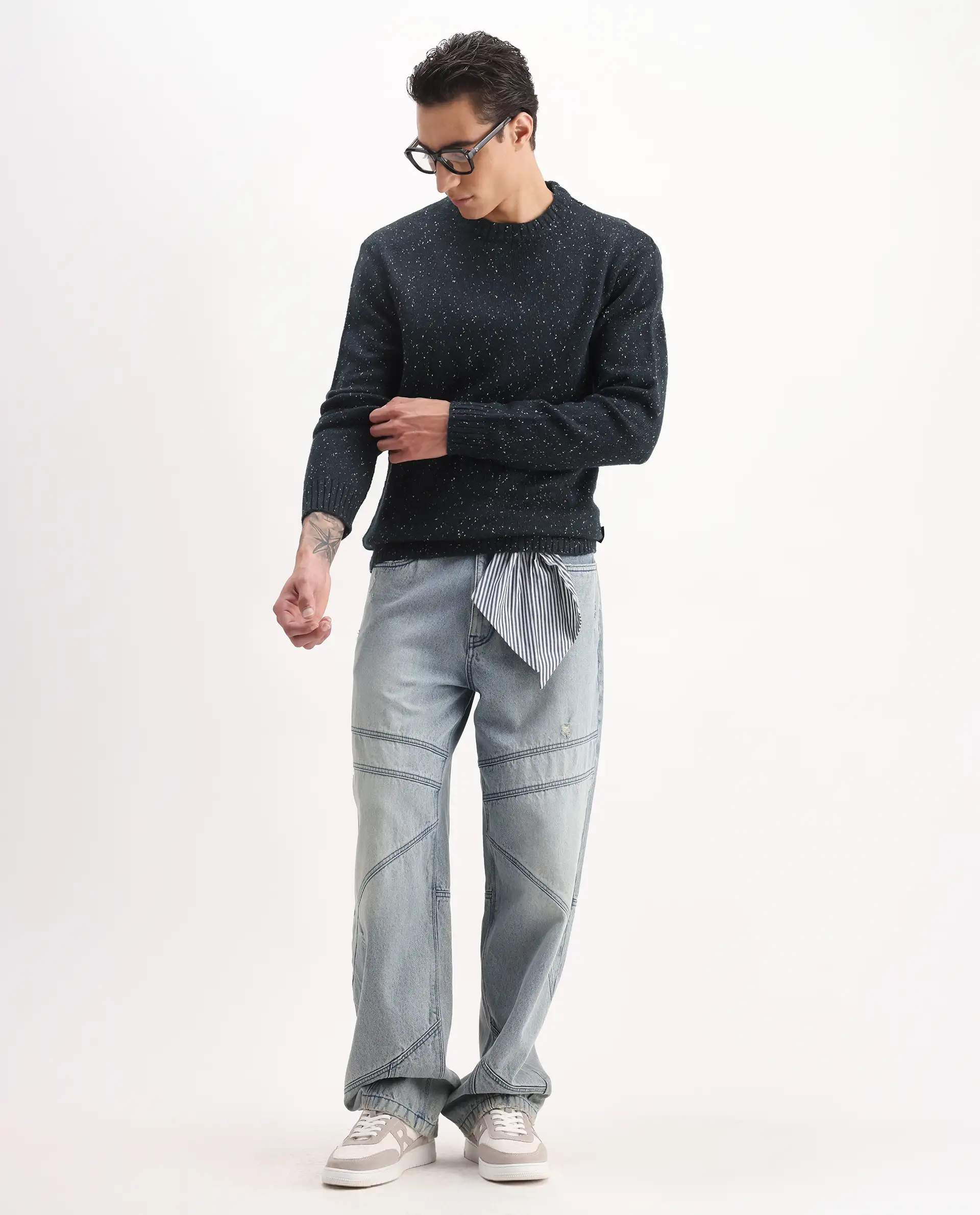 Rare Rabbit Men's Lomo Dark Navy Acrylic Printed Regular Fit Full Sleeve Crew Neck Sweater - Image 2