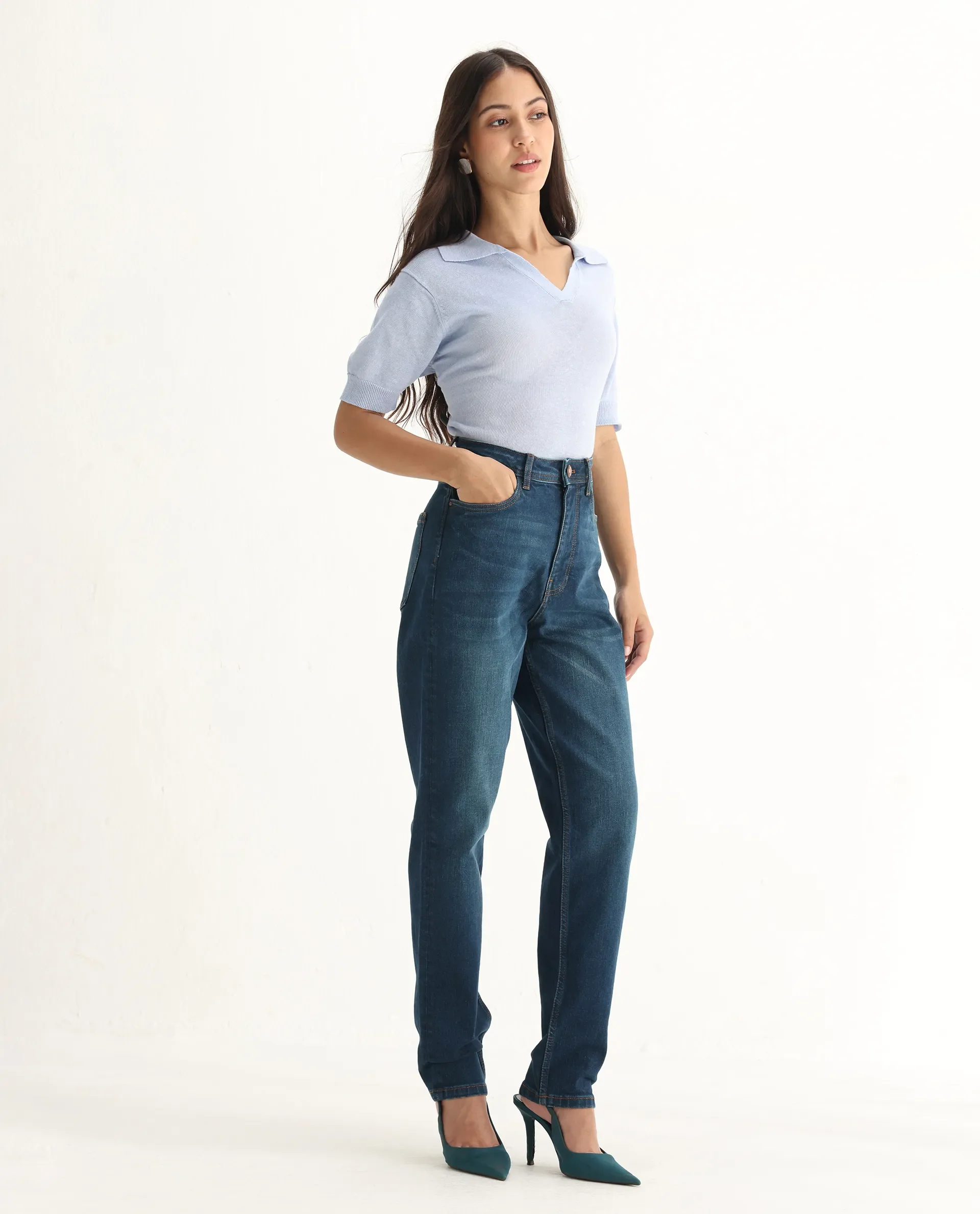 Rareism Women's Loreto Blue Cotton Blend Plain Ankle Length Mom Fit Jeans - Image 7