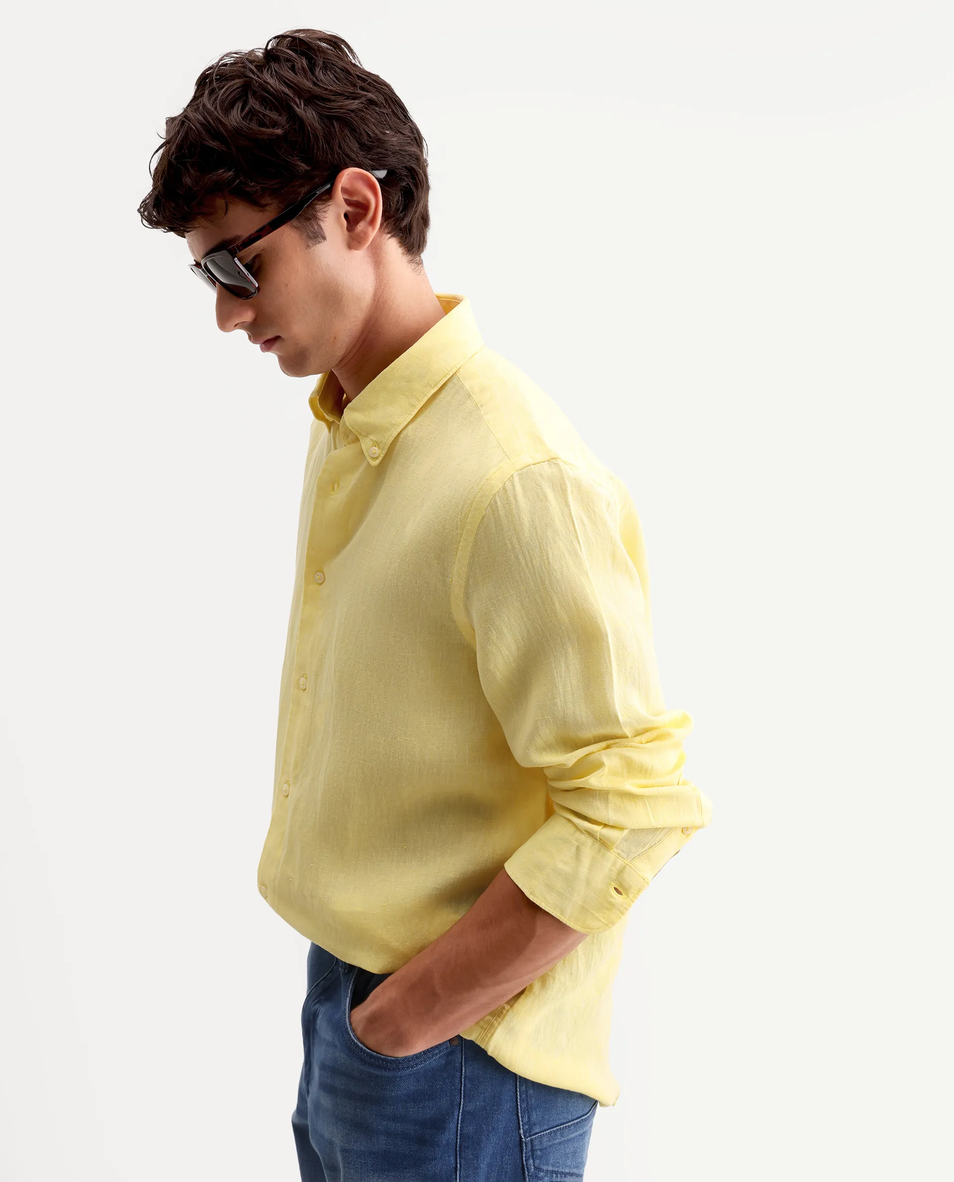 Rare Rabbit Men's Lucio Light Yellow 100% Linen Plain Regular Fit Full Sleeve Collared Shirt