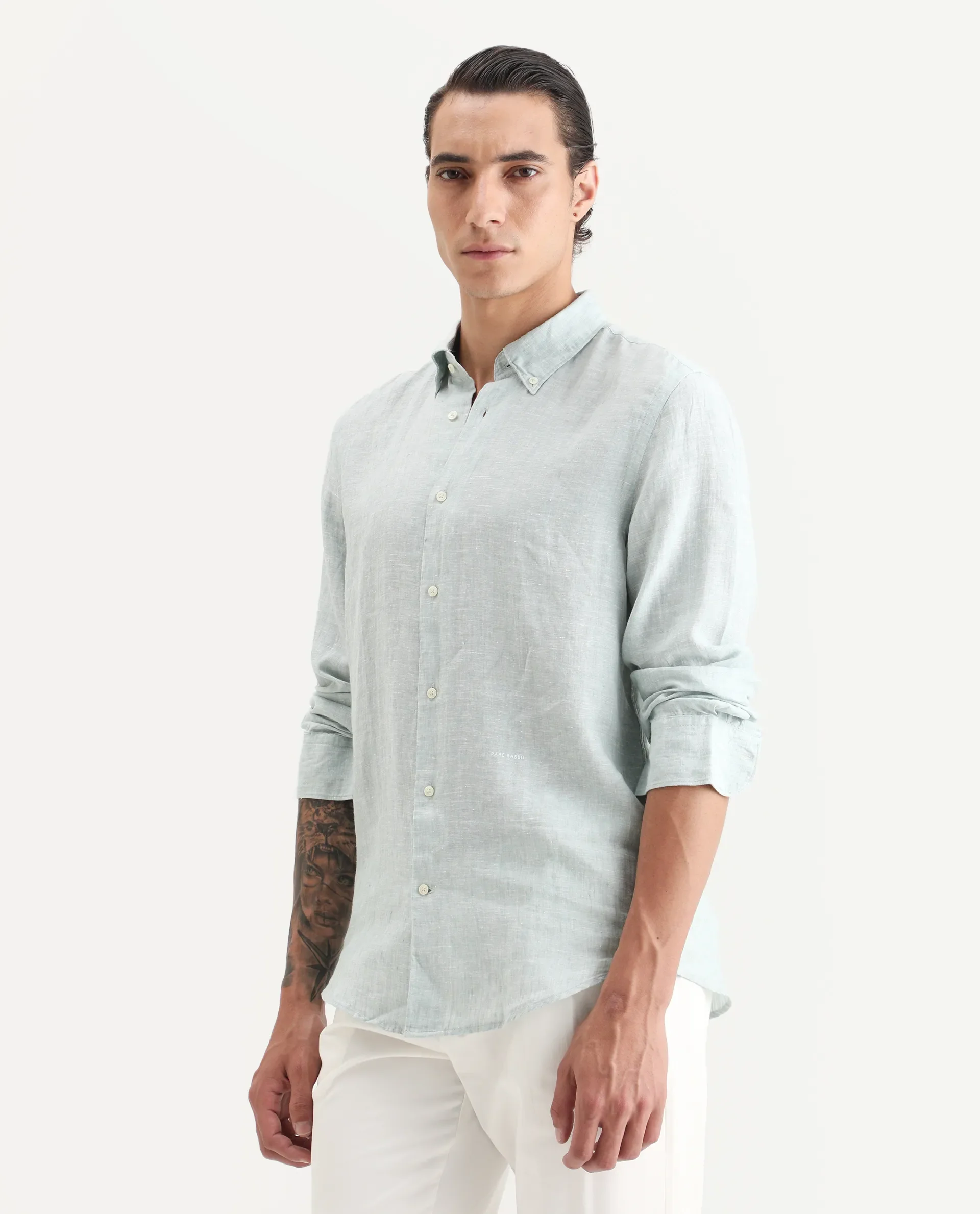 Rare Rabbit Men's Lucis Aqua 100% Linen Plain Regular Fit Full Sleeve Collared Shirt - Image 5