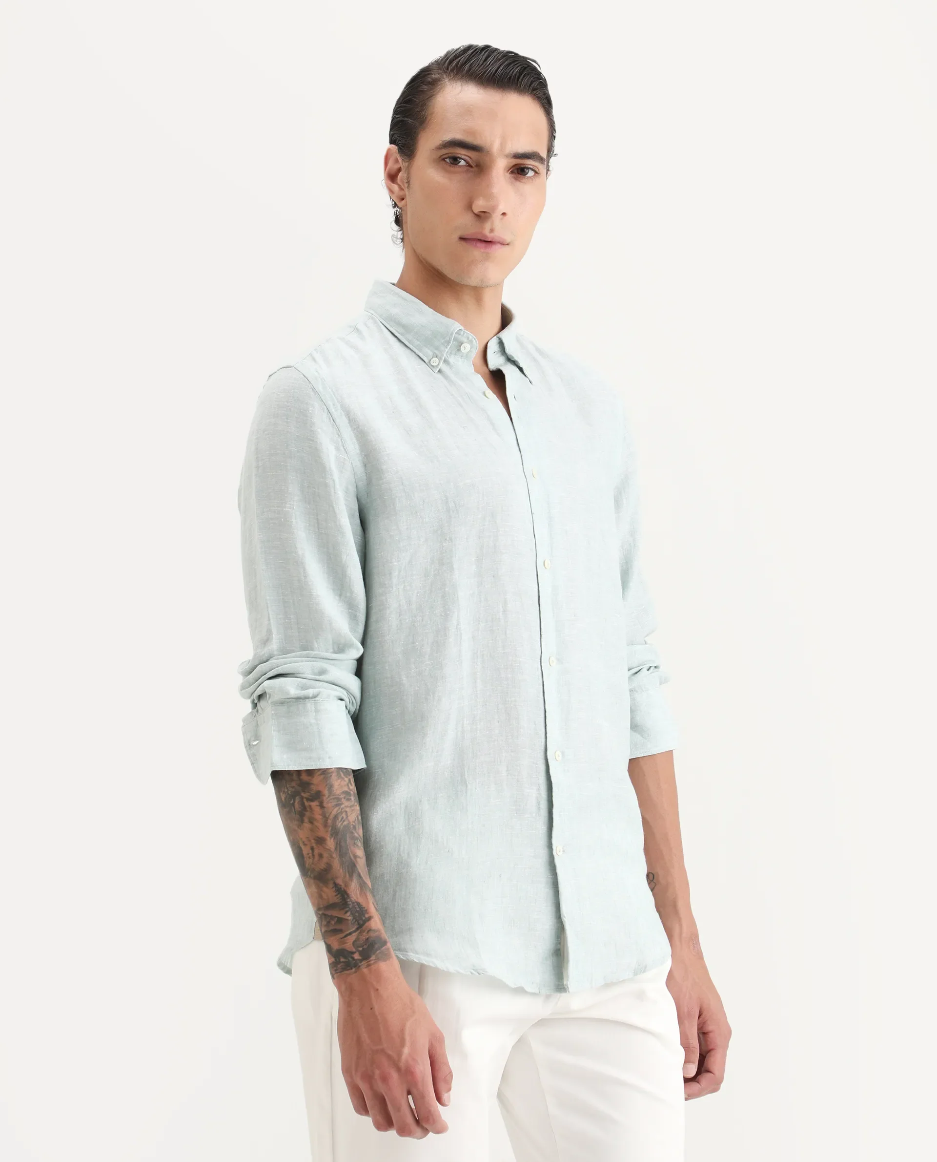 Rare Rabbit Men's Lucis Aqua 100% Linen Plain Regular Fit Full Sleeve Collared Shirt - Image 6
