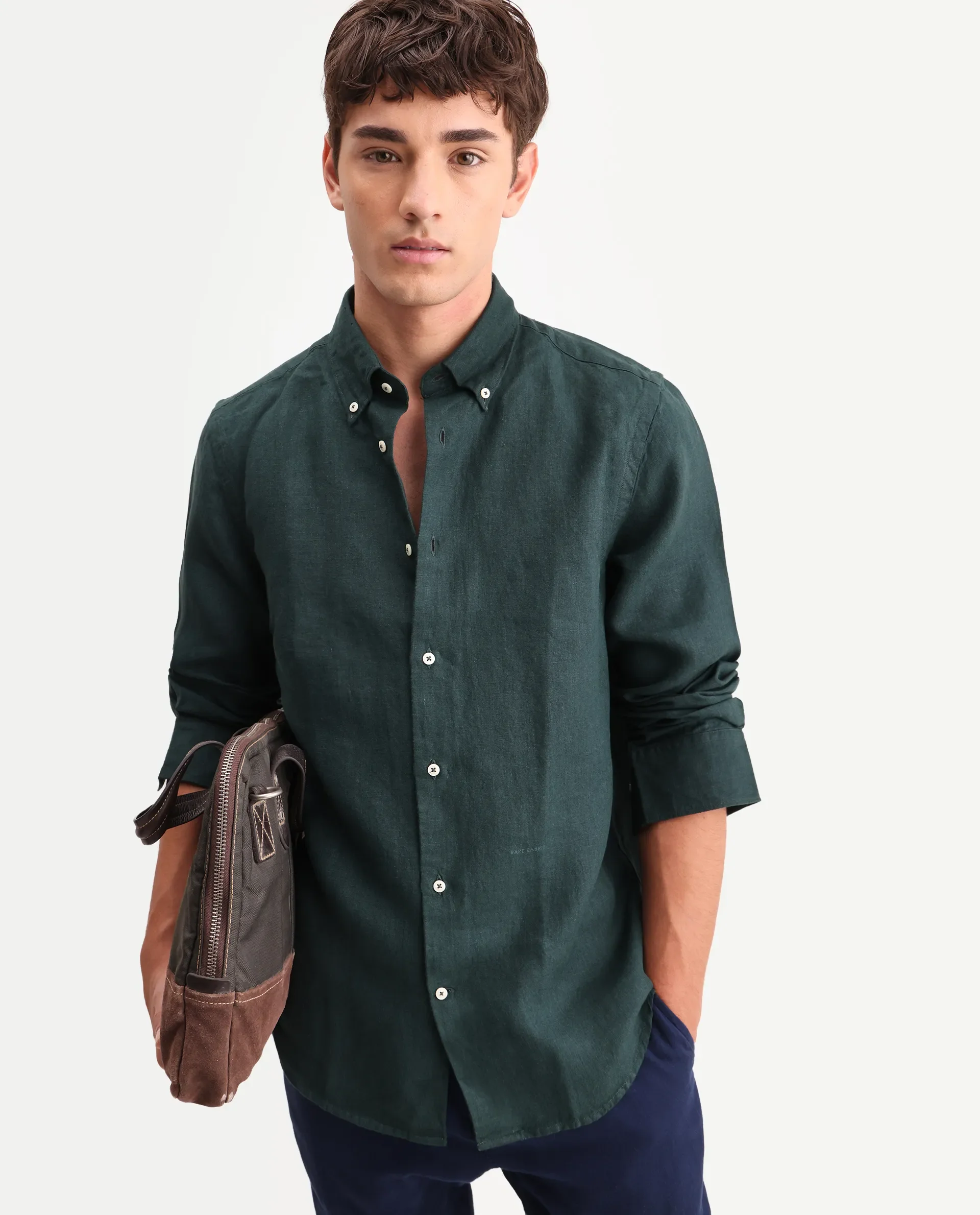 Rare Rabbit Men's Lucis Dark Green 100% Linen Plain Regular Fit Full Sleeve Collared Shirt